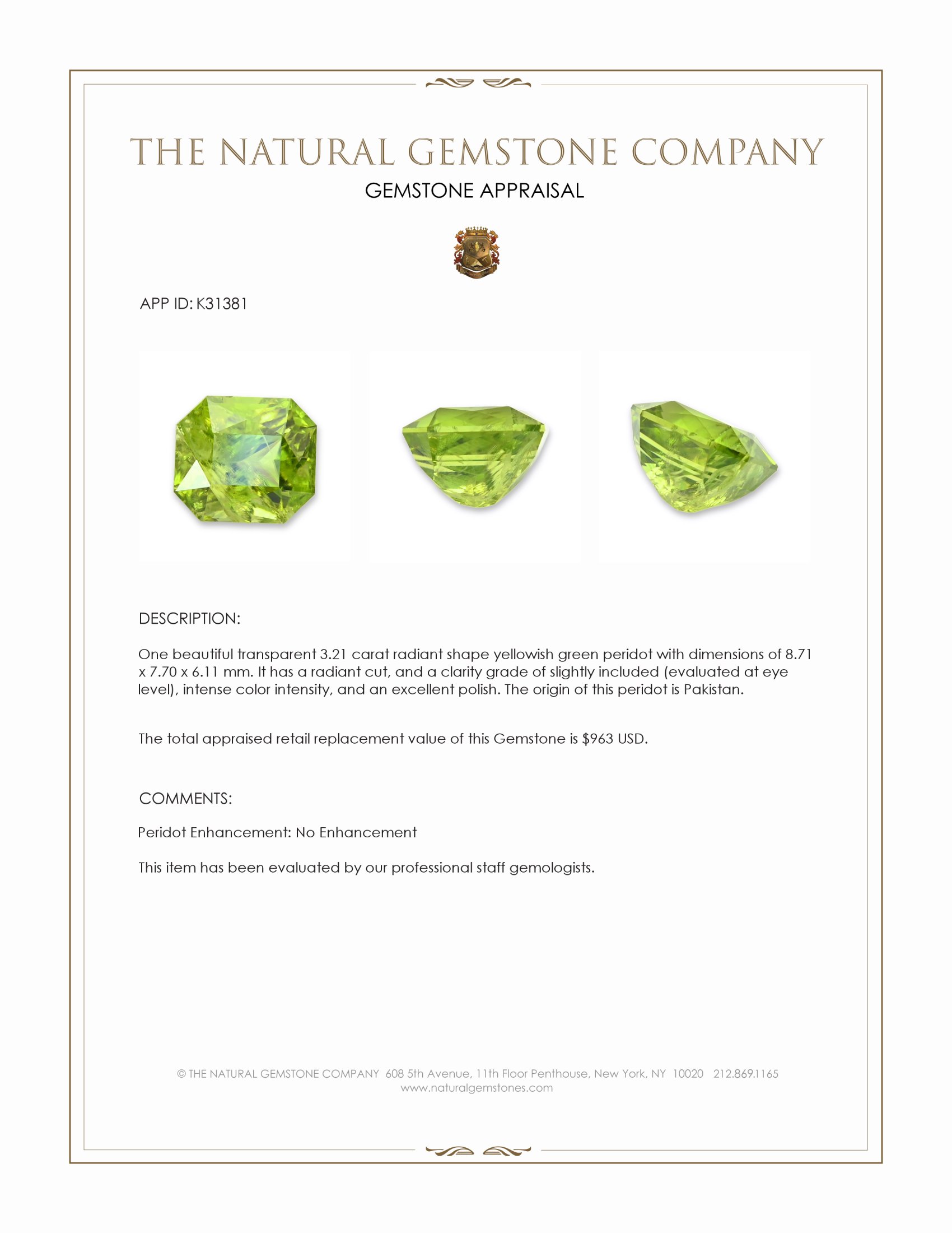 3.21 Ct. Yellowish Green Peridot from Pakistan