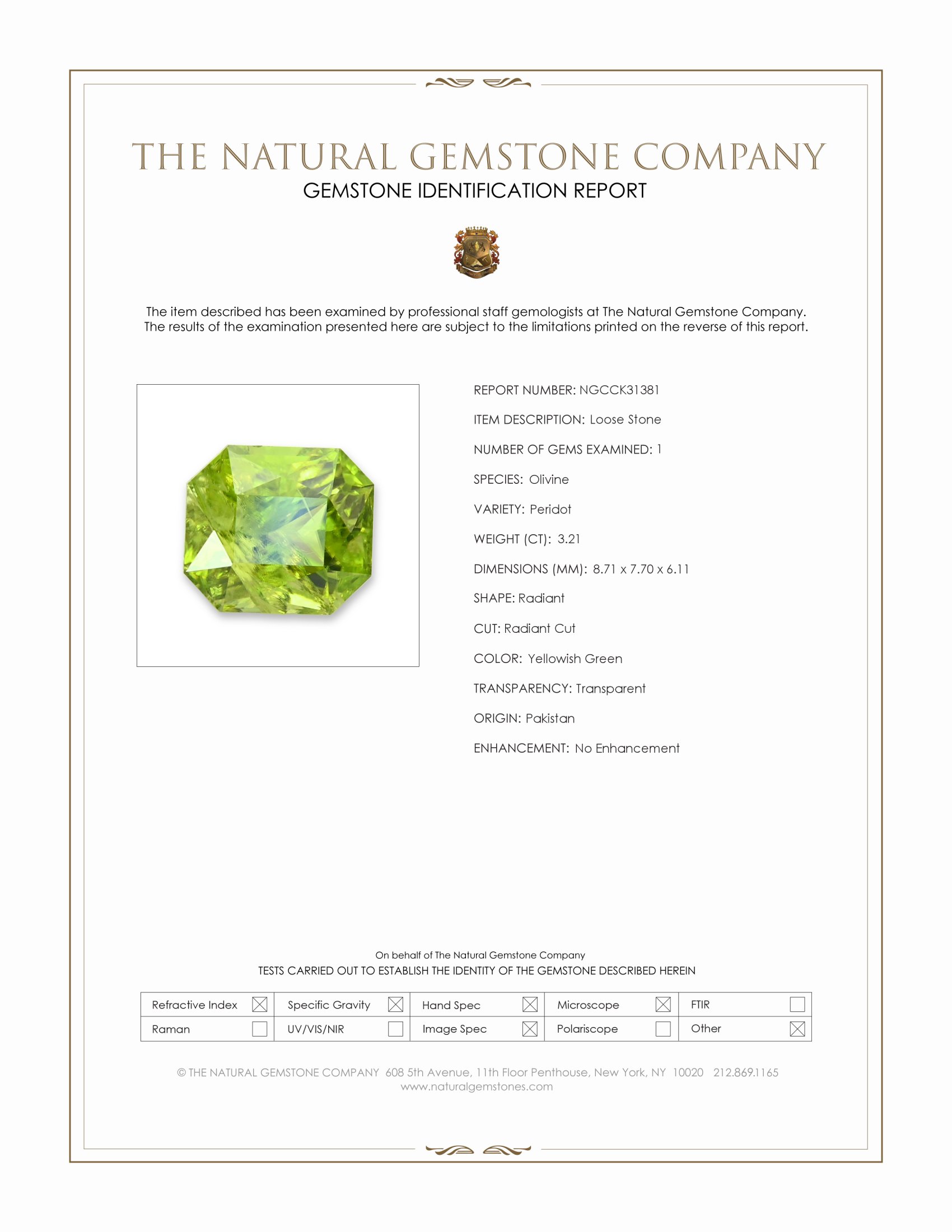 3.21 Ct. Yellowish Green Peridot from Pakistan