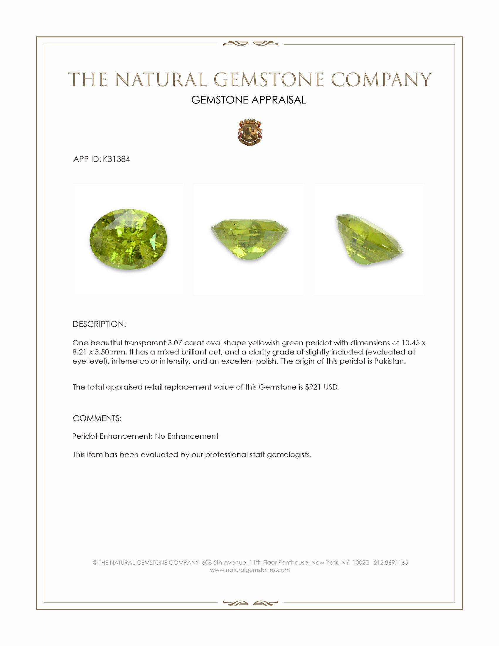 3.07 Ct. Yellowish Green Peridot from Pakistan