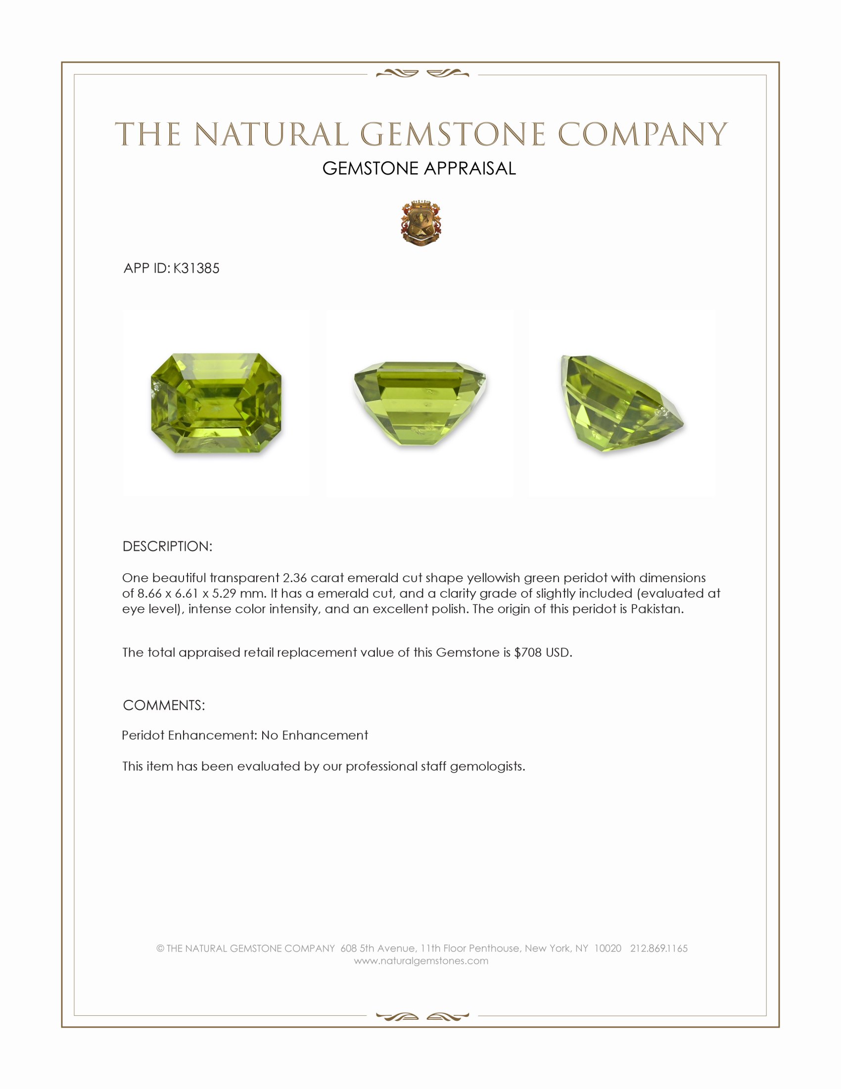 2.36 Ct. Yellowish Green Peridot from Pakistan