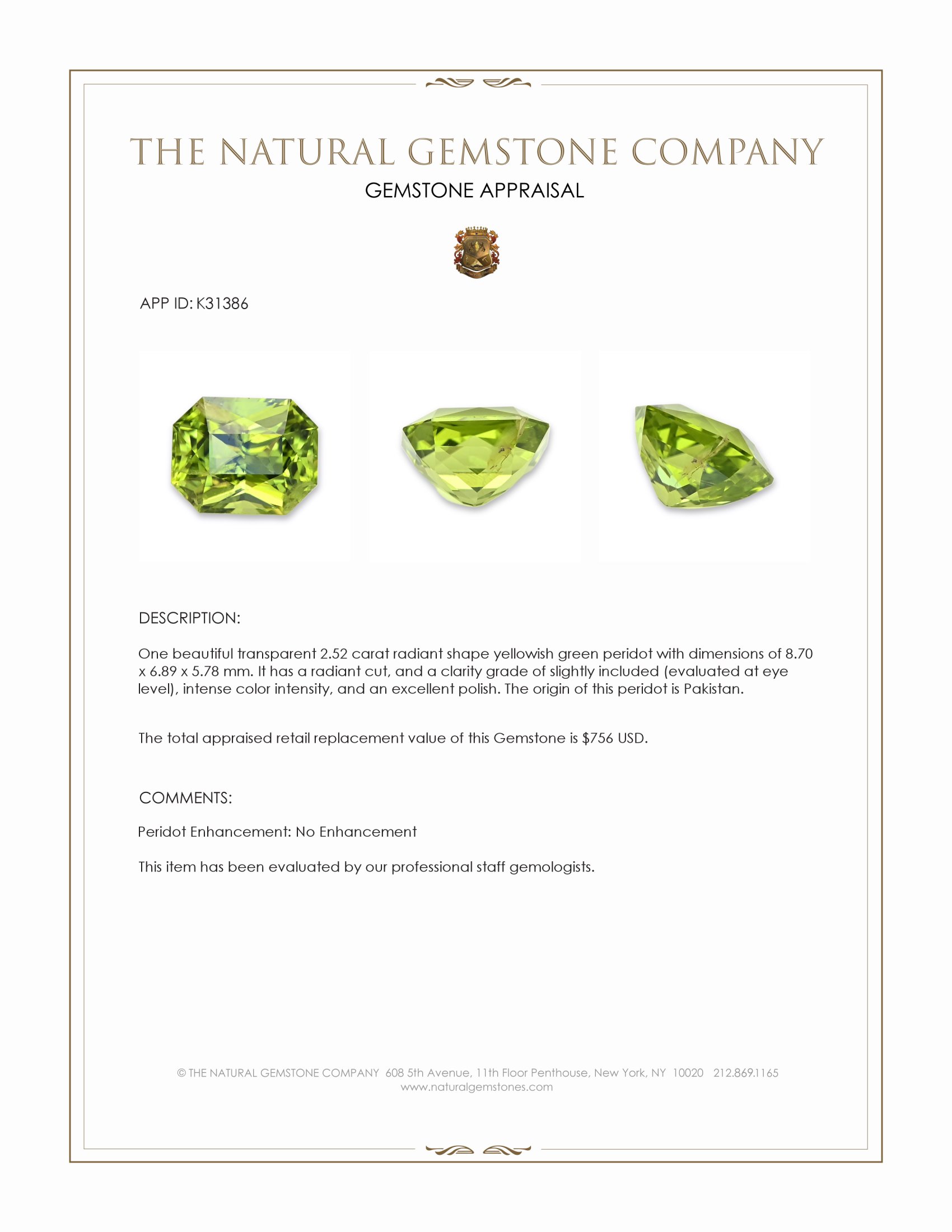 2.52 Ct. Yellowish Green Peridot from Pakistan