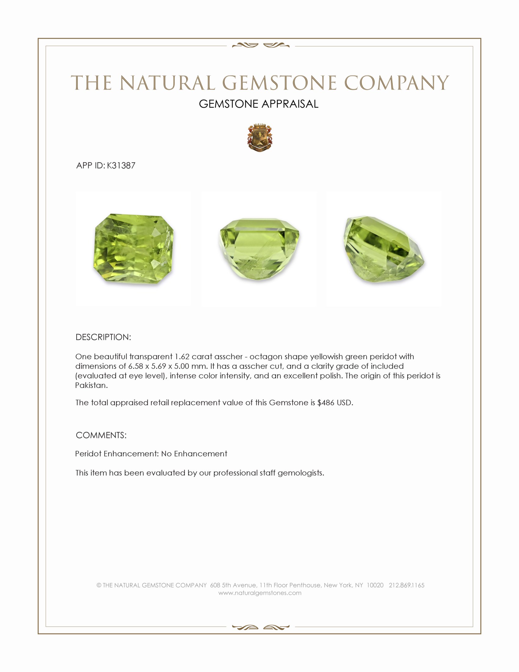 1.62 Ct. Yellowish Green Peridot from Pakistan