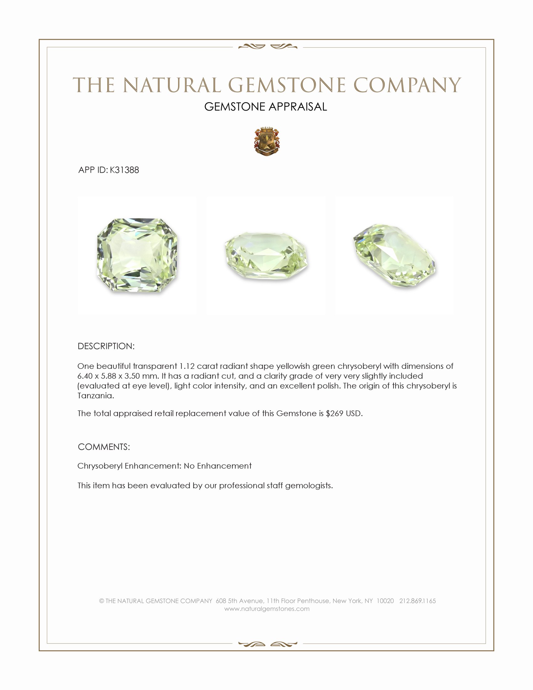 1.12 Ct. Yellowish Green Chrysoberyl from Tanzania