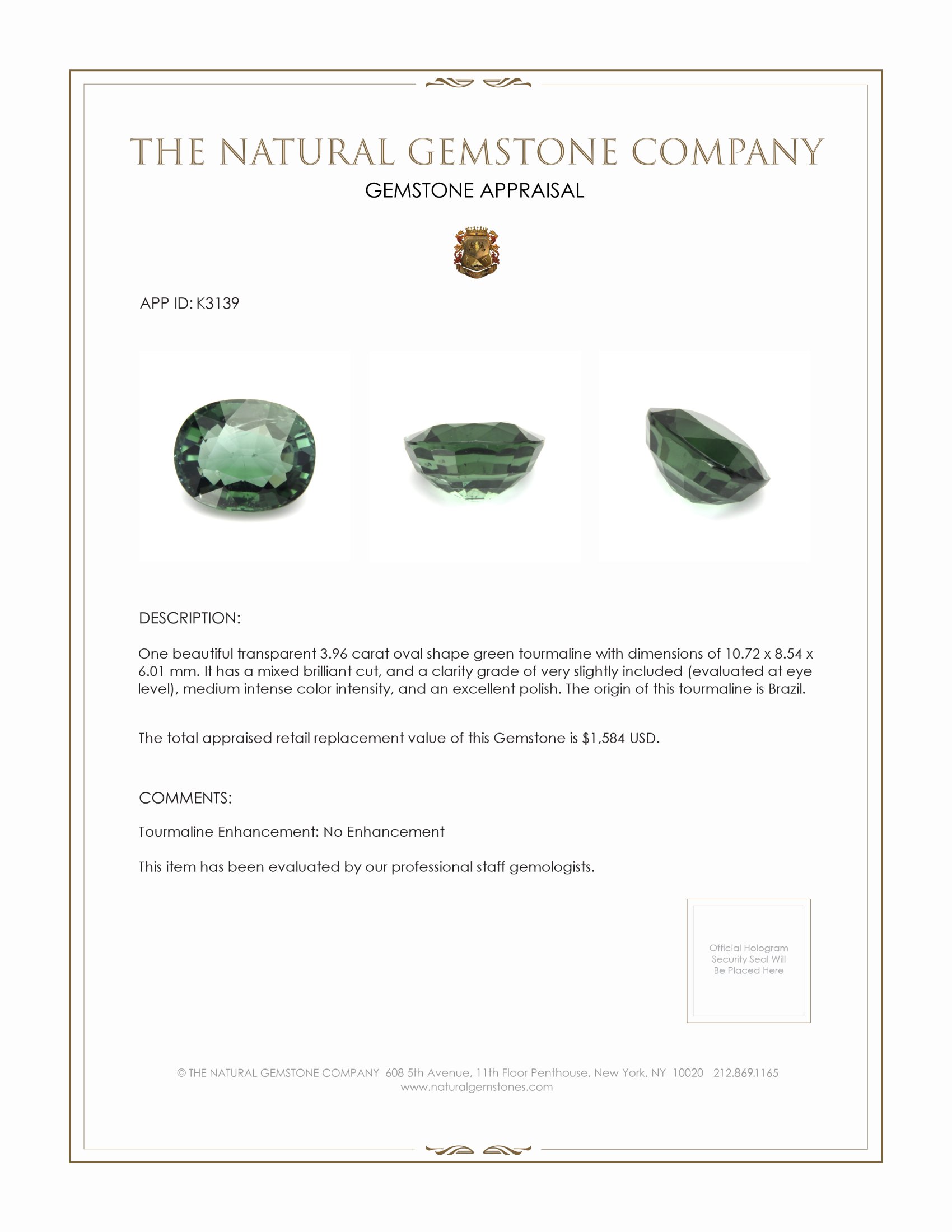 3.96 Ct. Tourmaline from Brazil