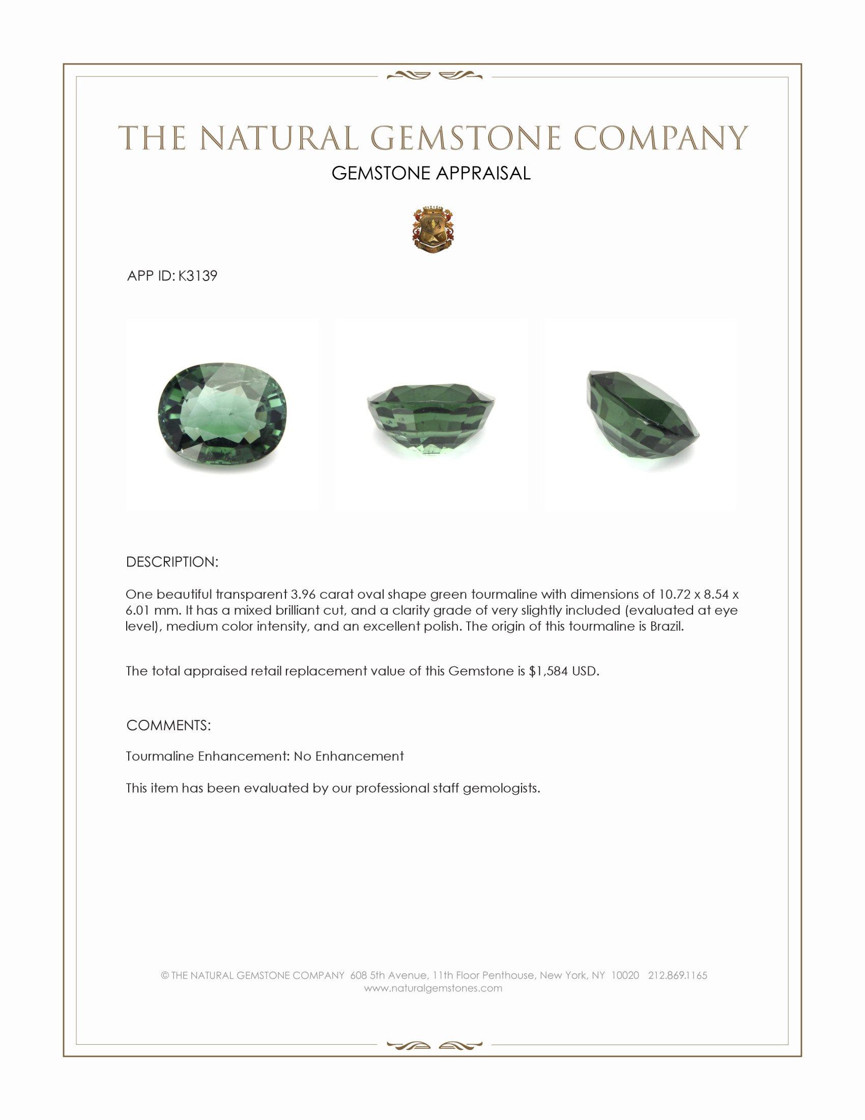 3.96 Ct. Green Tourmaline from Brazil