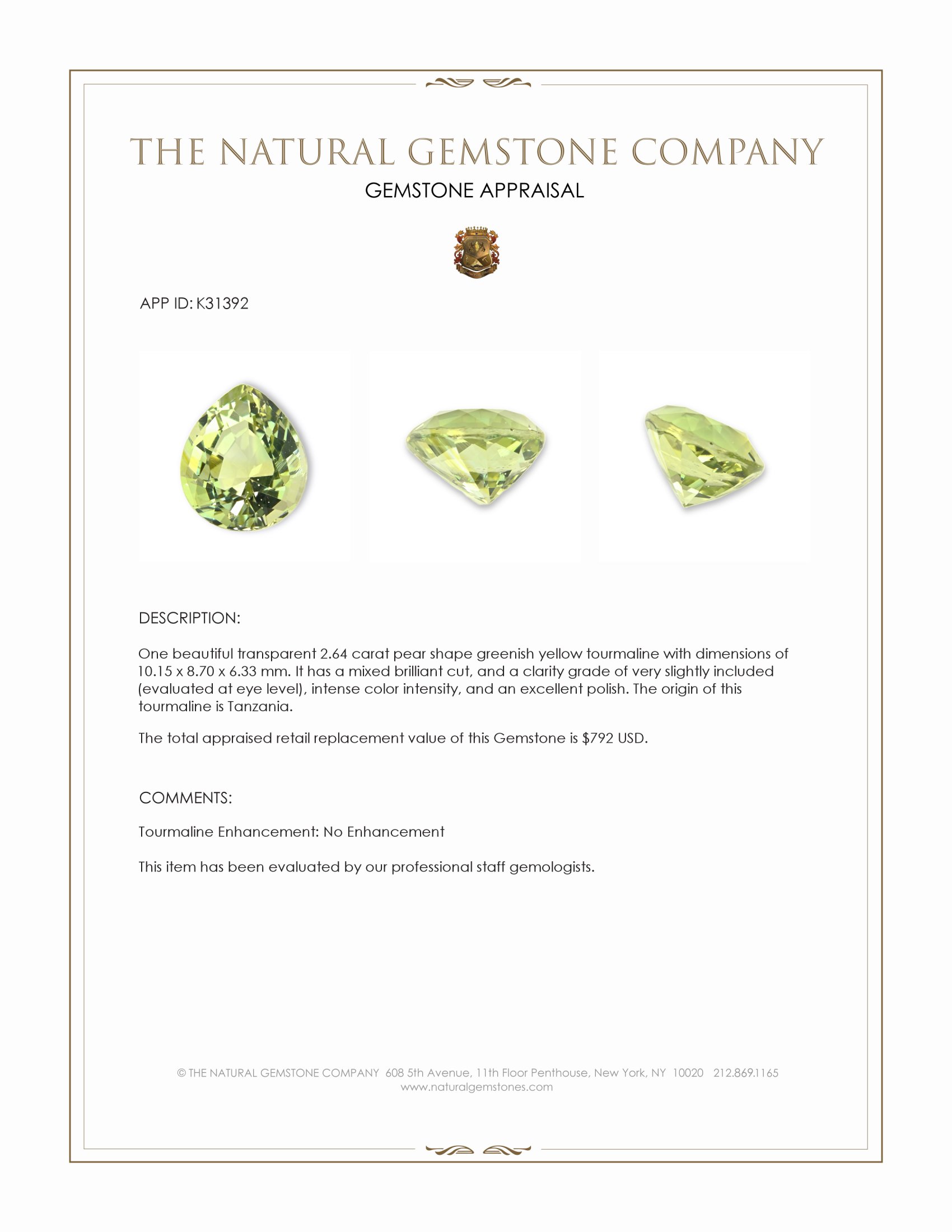 2.64 Ct. Greenish Yellow Tourmaline from Tanzania
