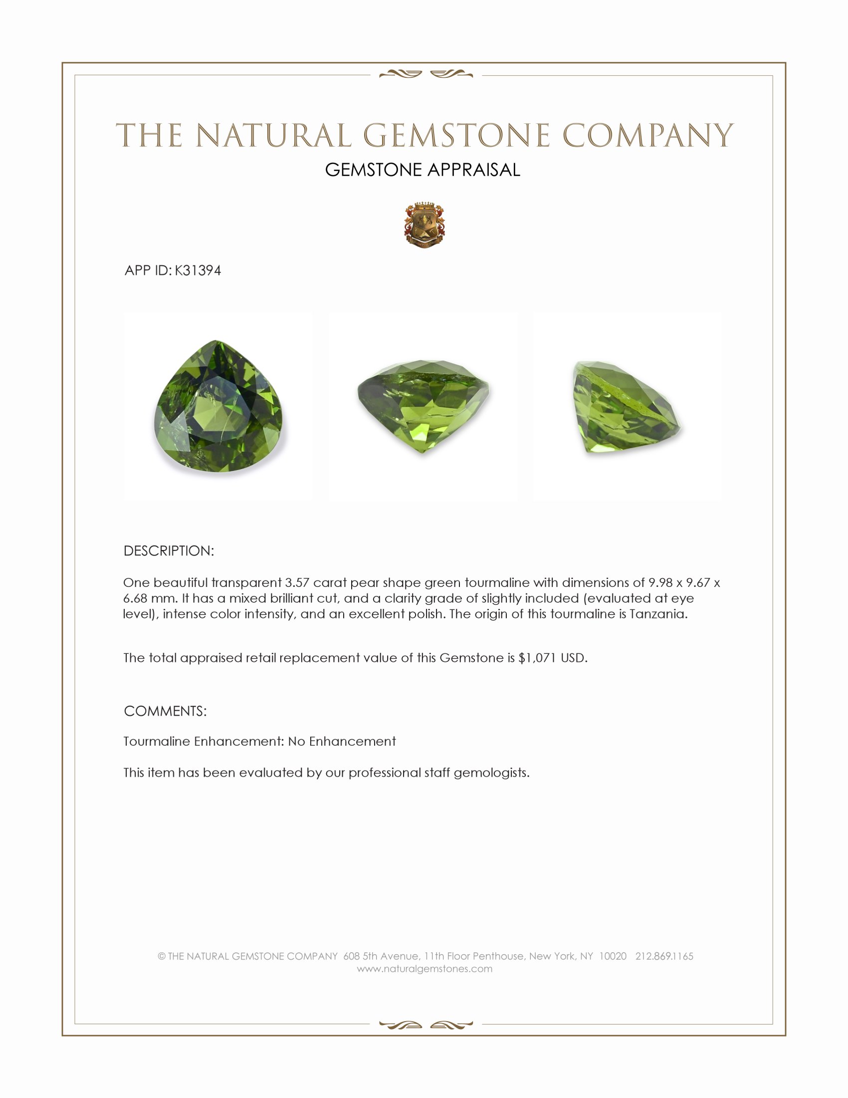 3.57 Ct. Green Tourmaline from Tanzania
