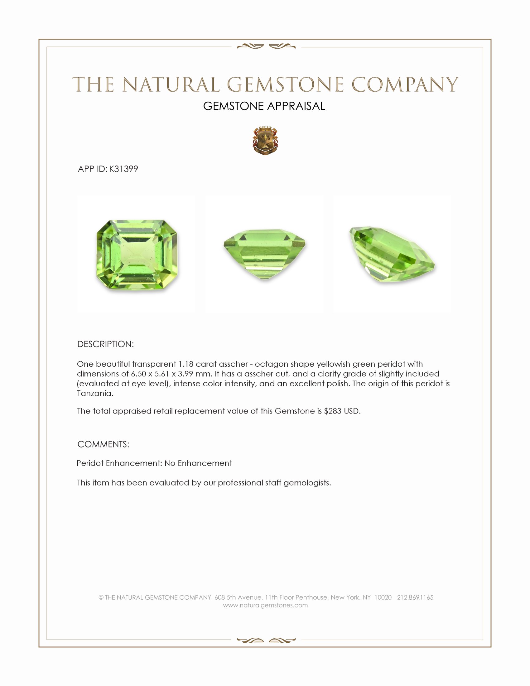 1.18 Ct. Yellowish Green Peridot from Tanzania