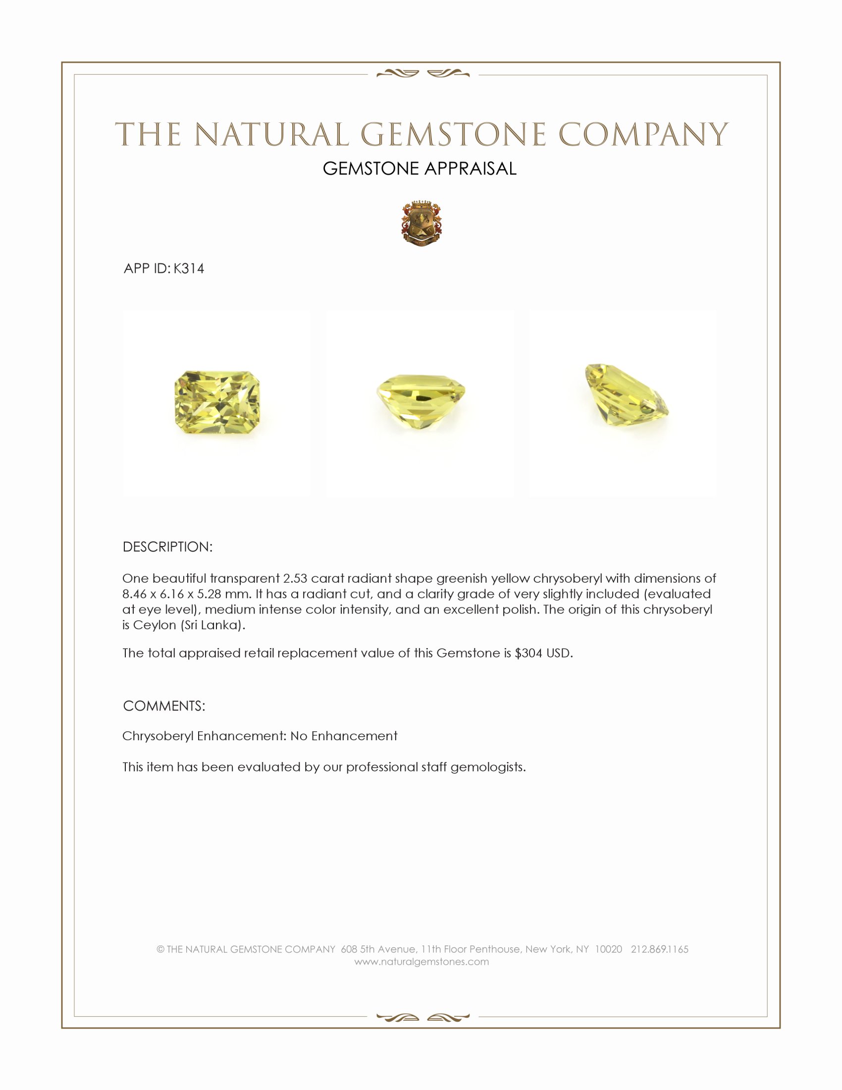 2.53 Ct. Chrysoberyl from Ceylon (Sri Lanka)