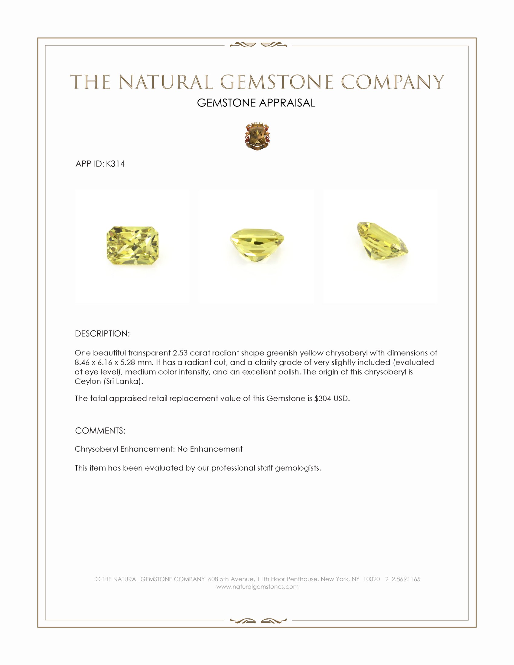 2.53 Ct. Greenish Yellow Chrysoberyl from Ceylon (Sri Lanka)