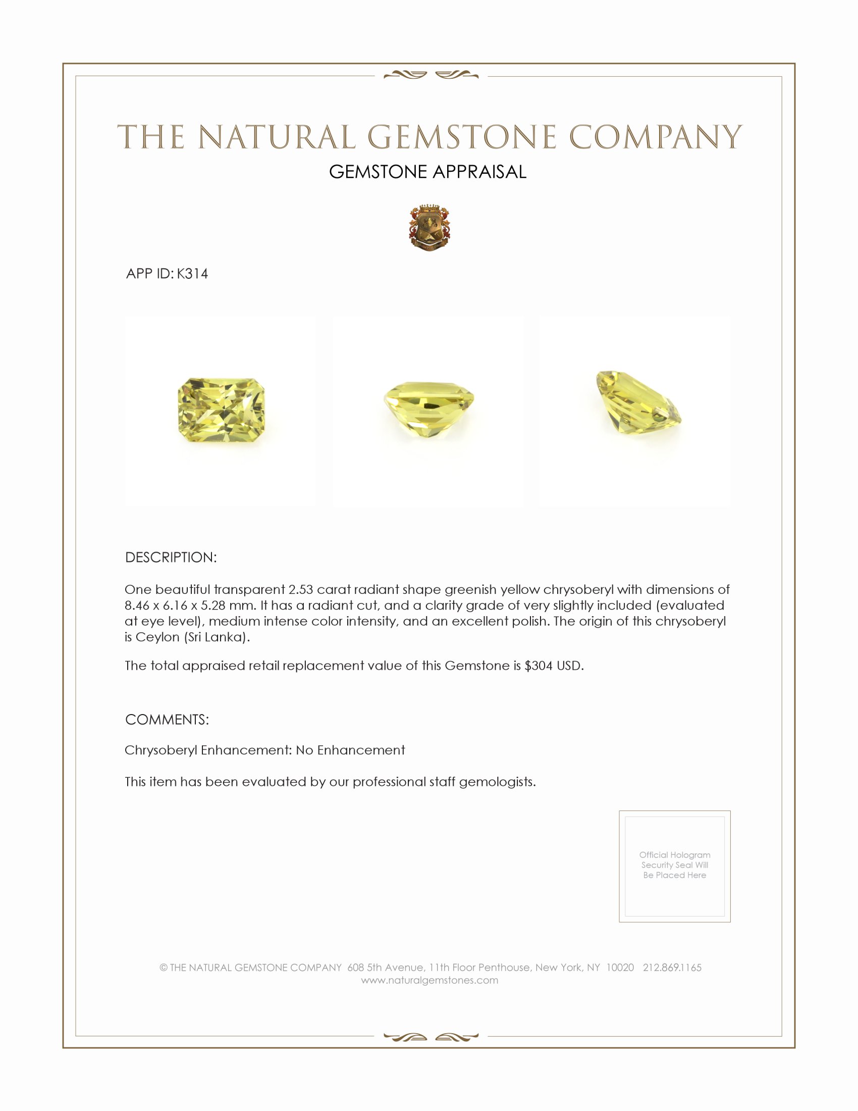 2.53 Ct. Chrysoberyl from Ceylon (Sri Lanka)