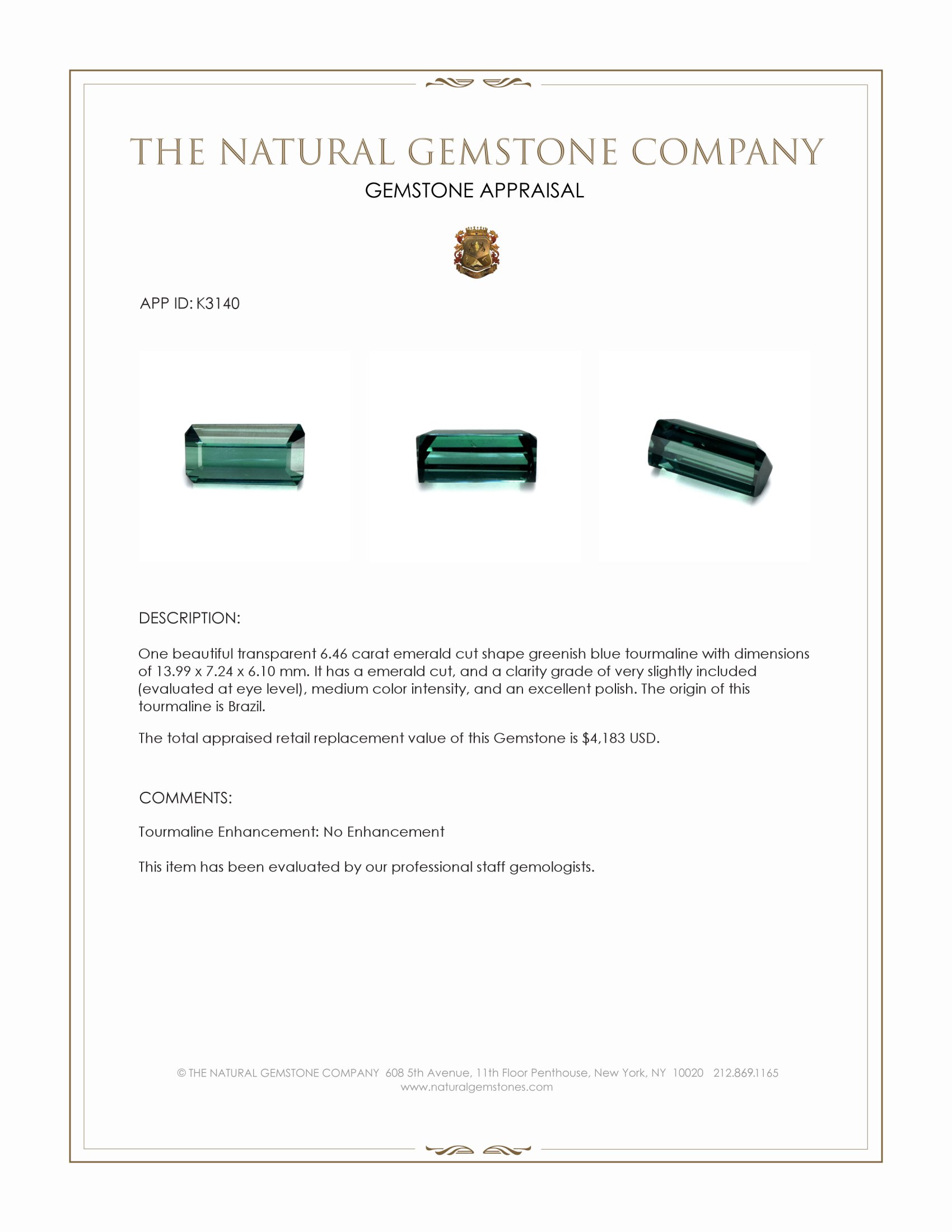 6.46 Ct. Greenish Blue Tourmaline from Brazil