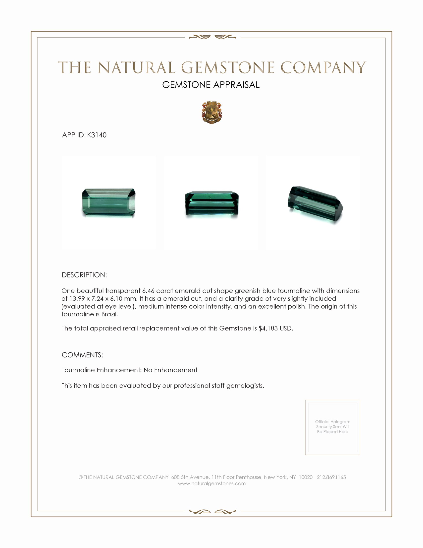 6.46 Ct. Tourmaline from Brazil