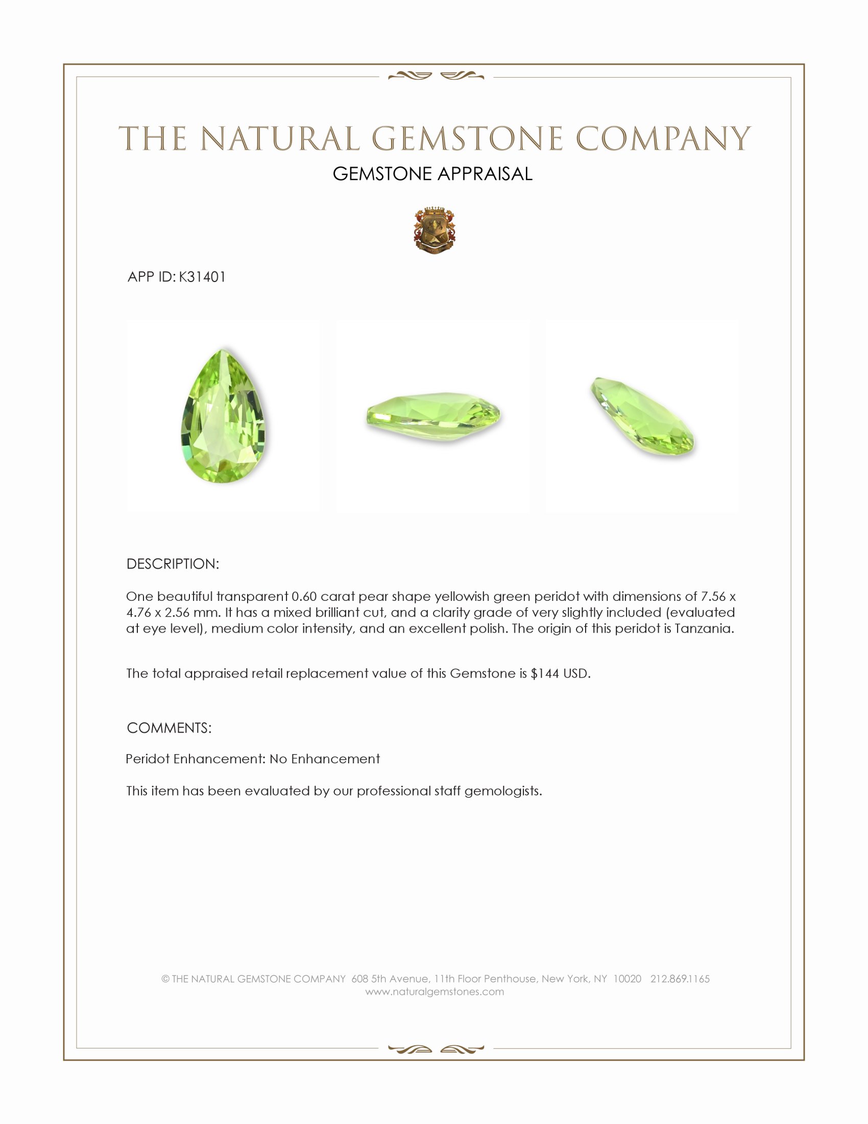 0.60 Ct. Yellowish Green Peridot from Tanzania