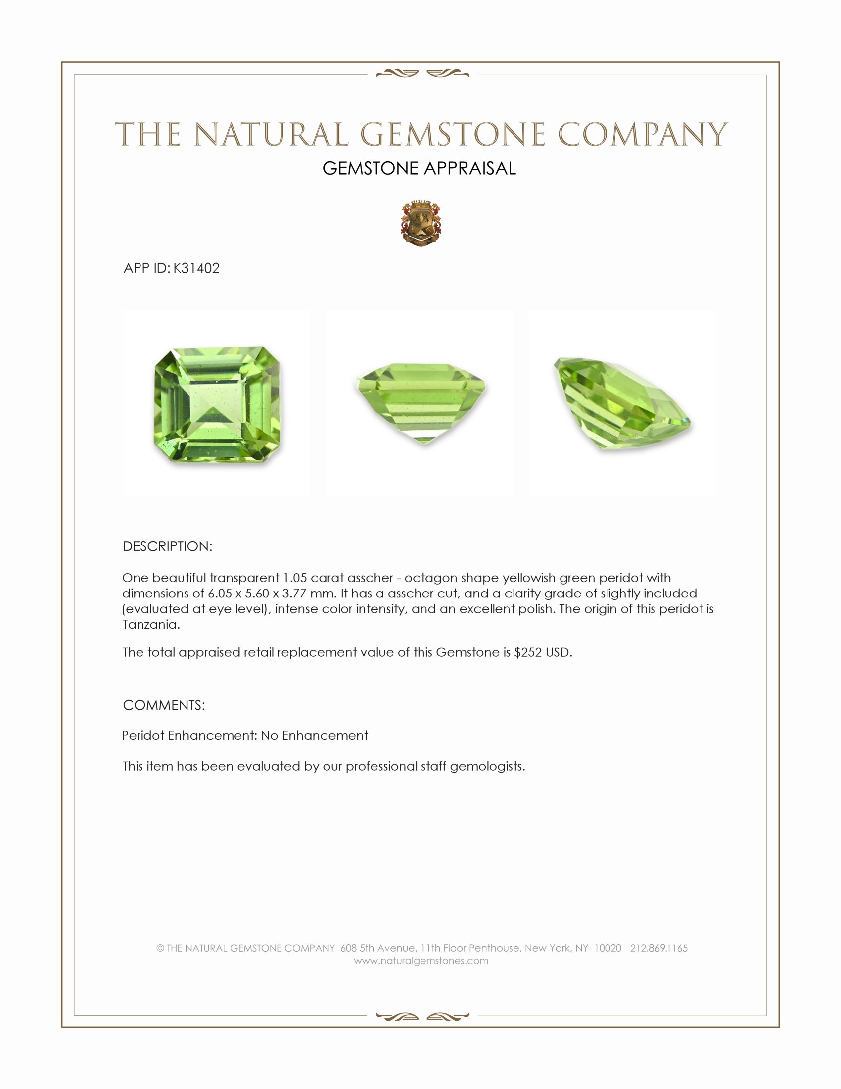 1.05 Ct. Yellowish Green Peridot from Tanzania