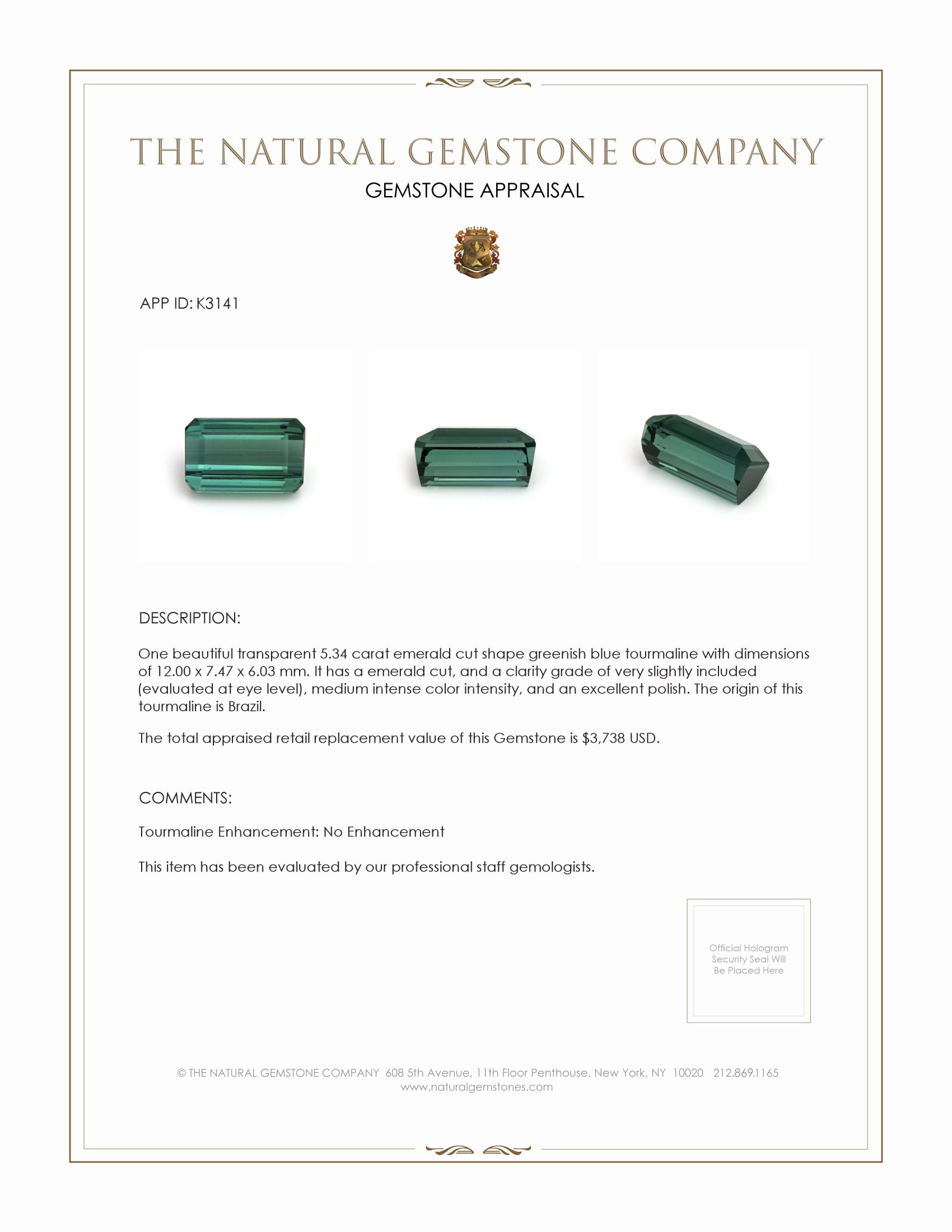 5.34 Ct. Tourmaline from Brazil