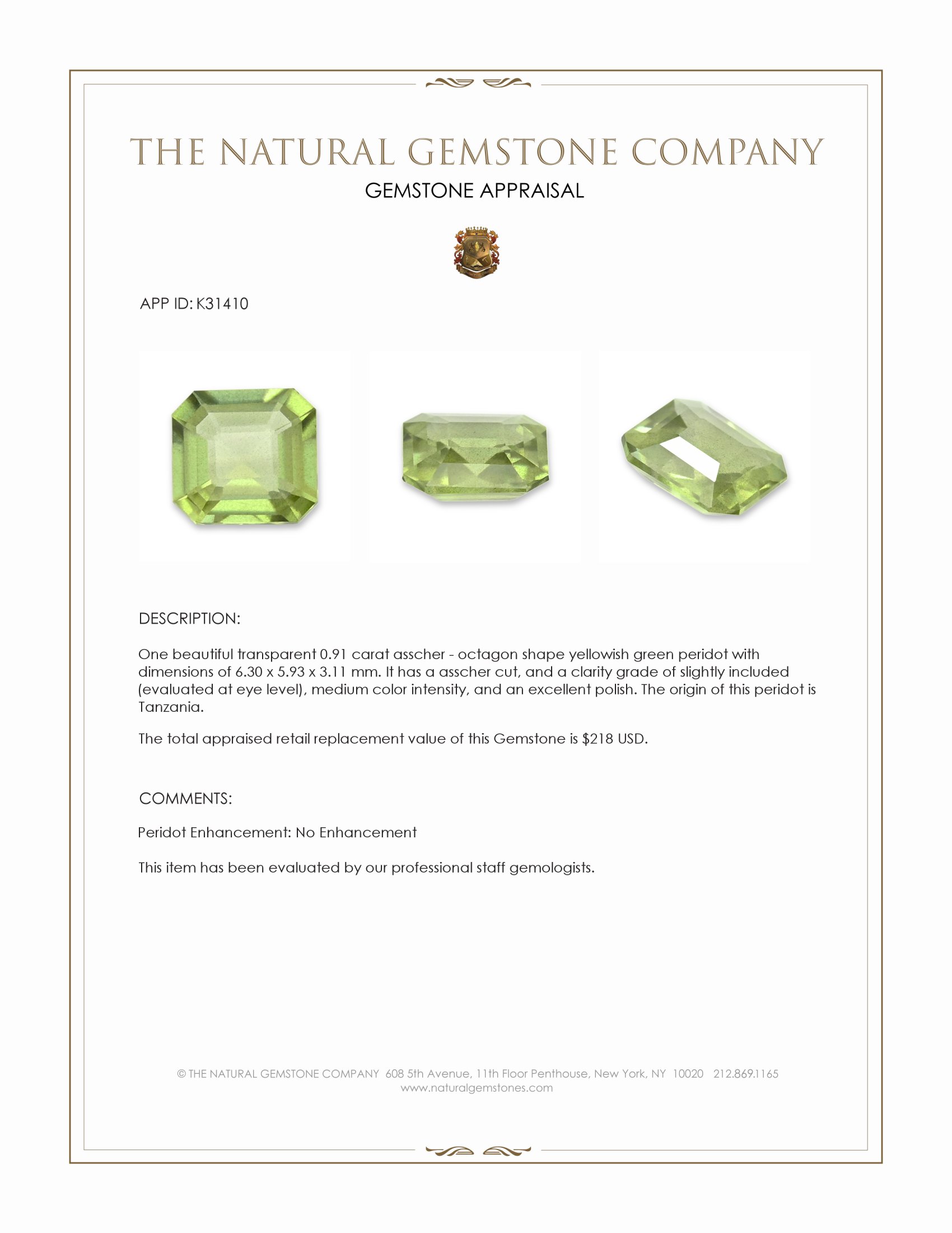 0.91 Ct. Yellowish Green Peridot from Tanzania