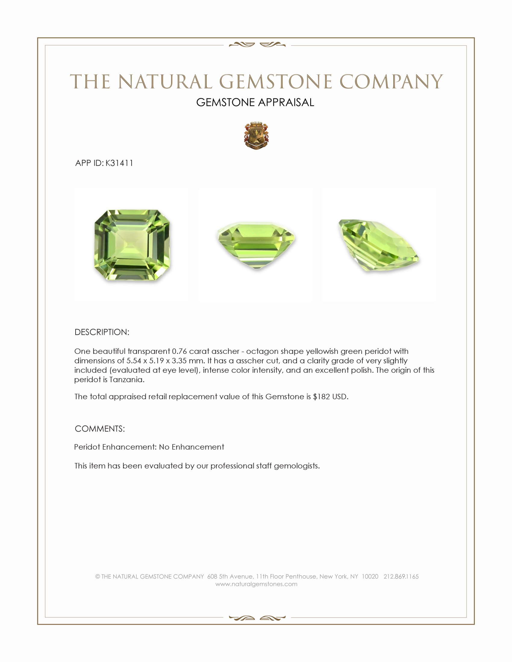 0.76 Ct. Yellowish Green Peridot from Tanzania