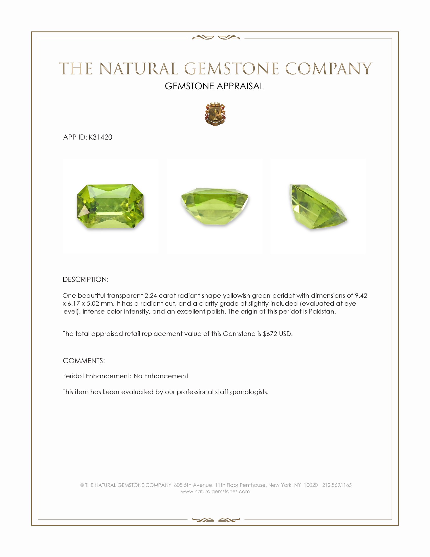 2.24 Ct. Yellowish Green Peridot from Pakistan