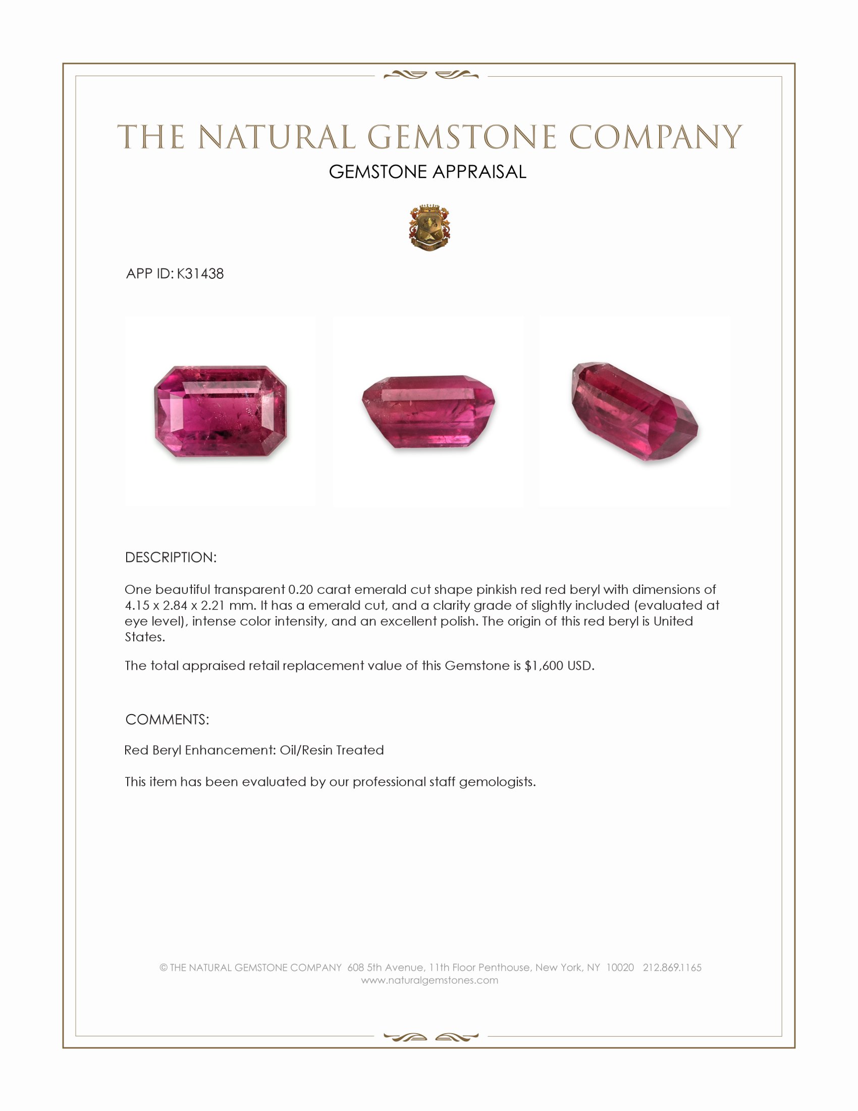 0.20 Ct. Pinkish Red Red Beryl from United States