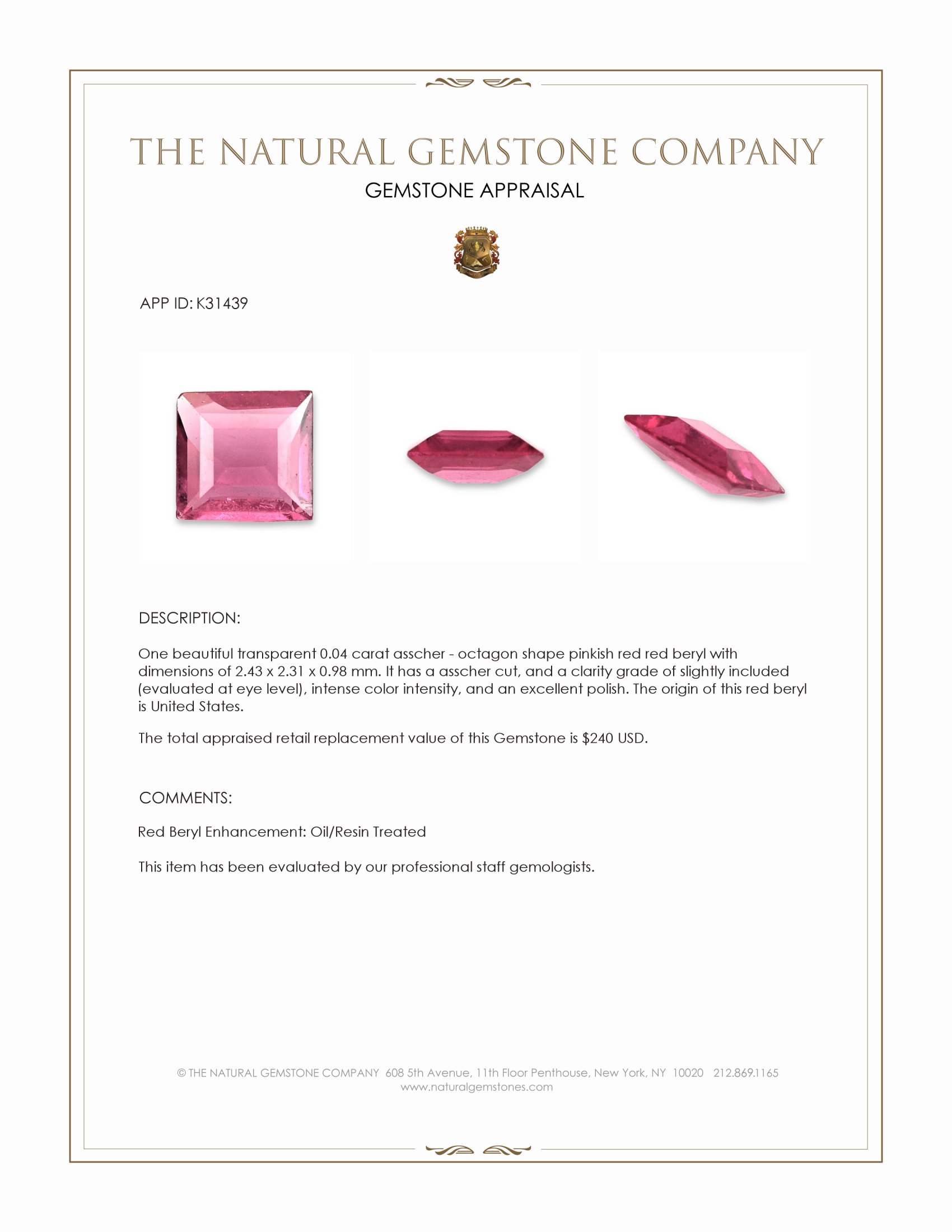 0.04 Ct. Pinkish Red Red Beryl from United States