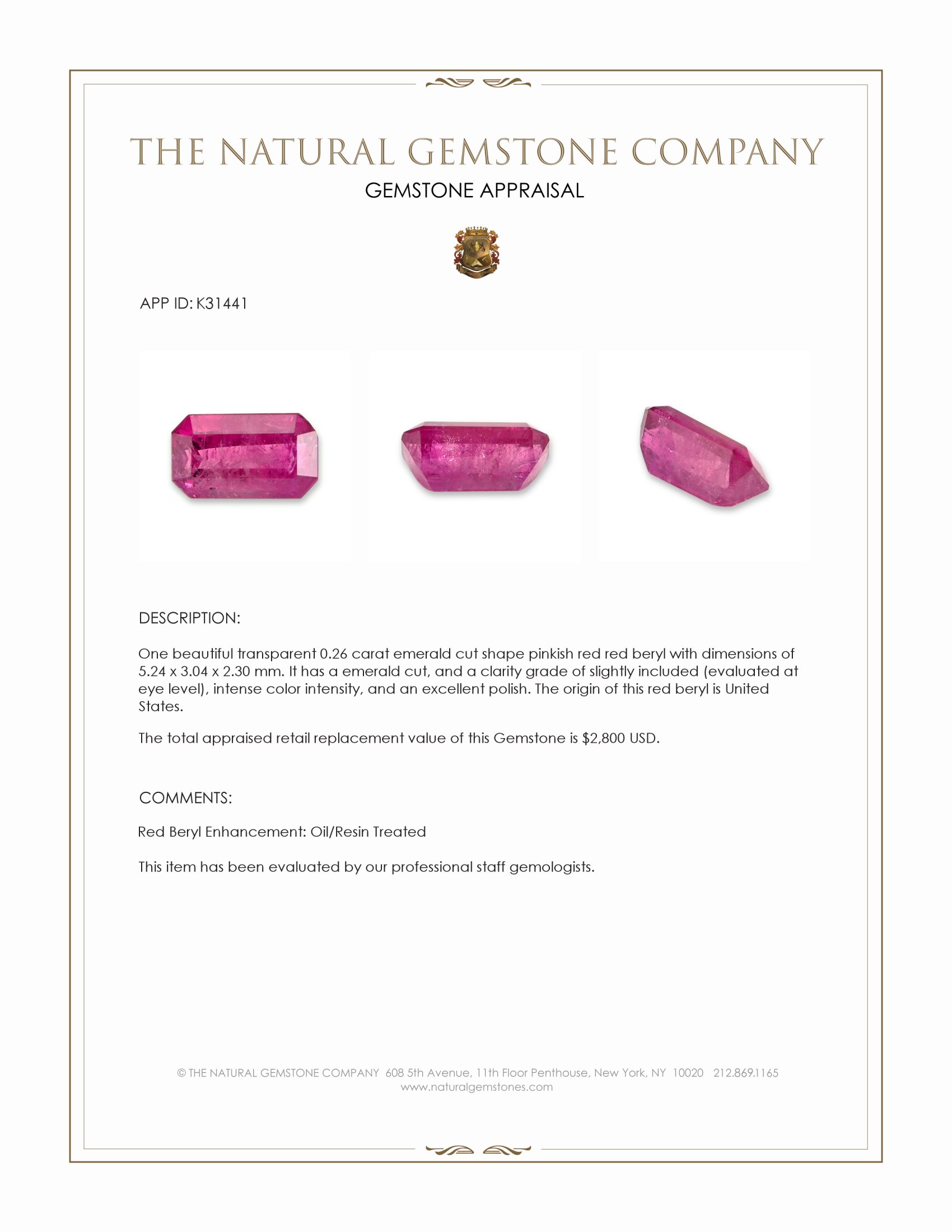 0.26 Ct. Pinkish Red Red Beryl from United States