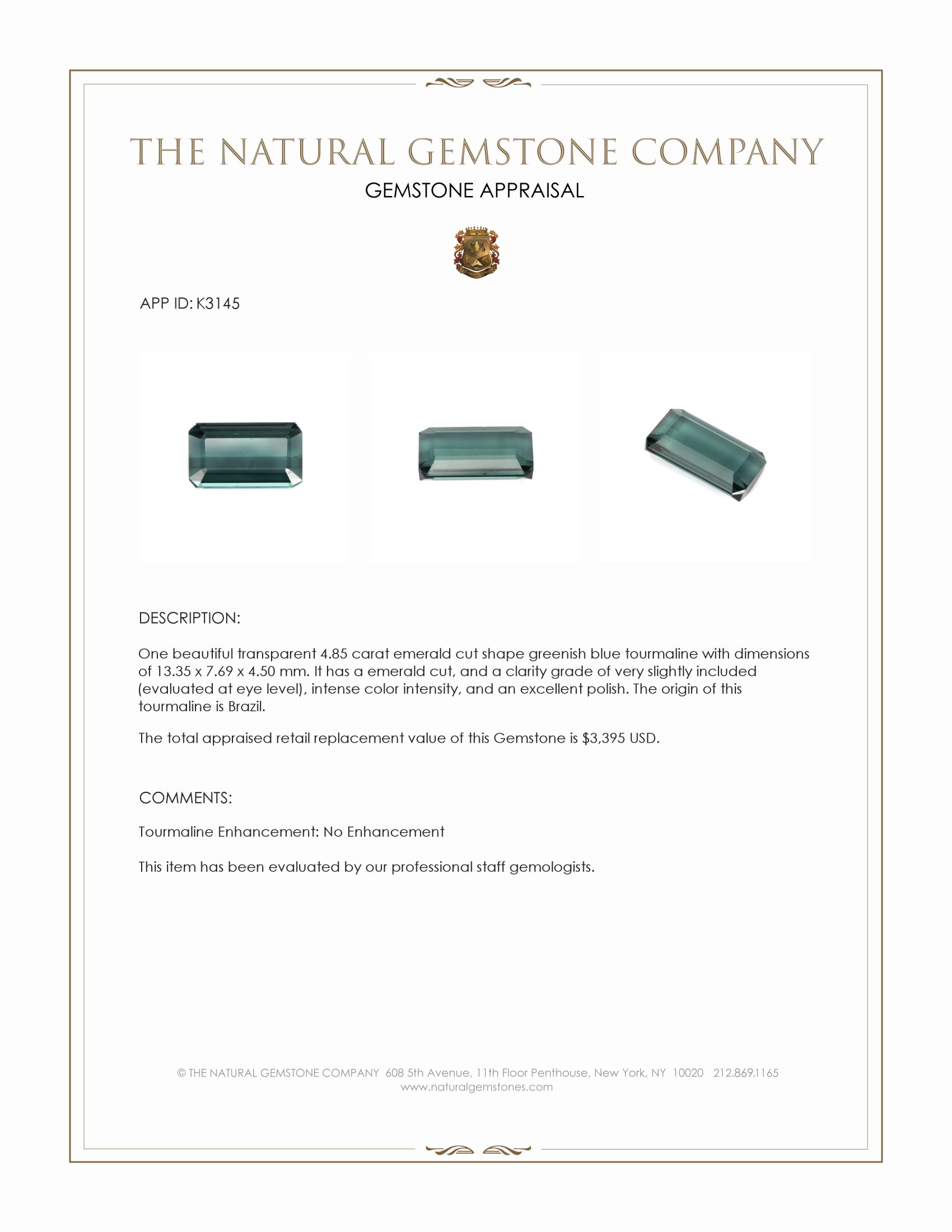 4.85 Ct. Greenish Blue Tourmaline from Brazil