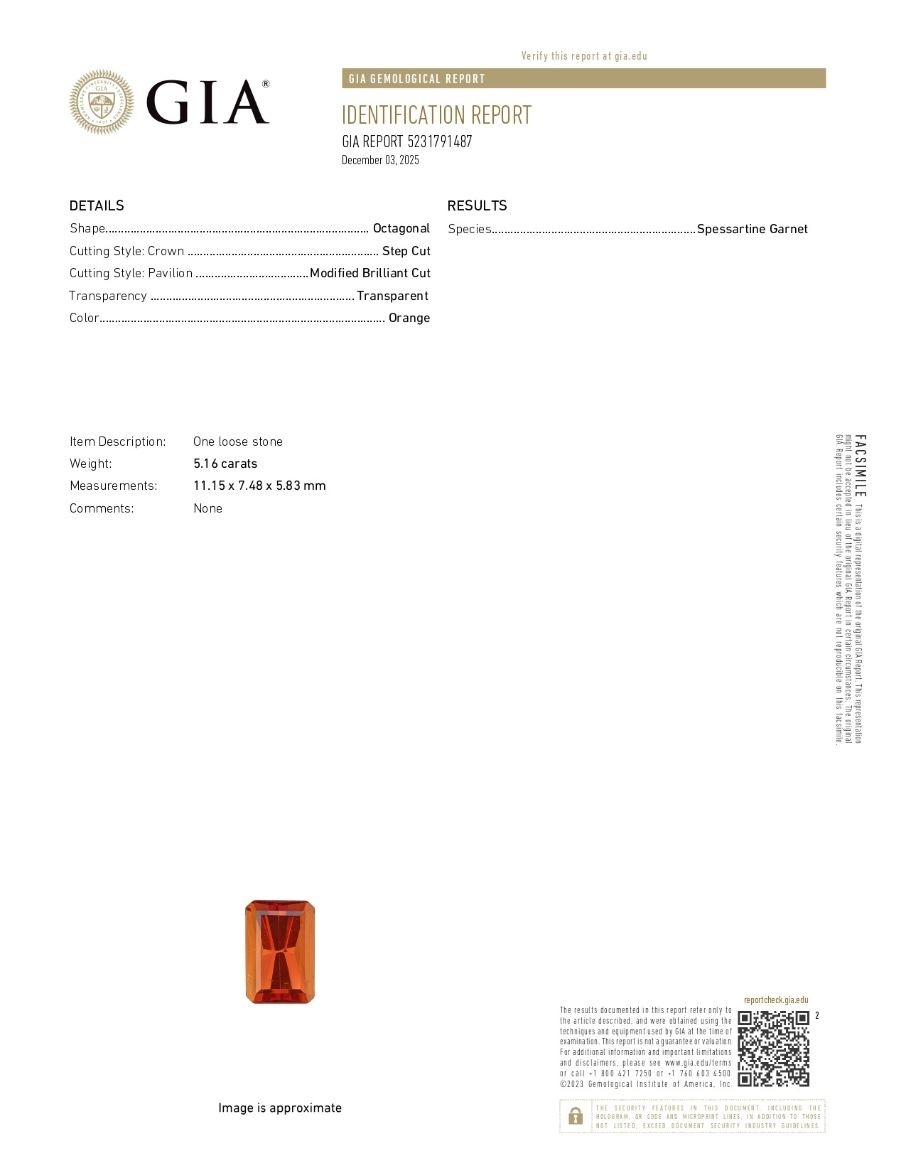 5.16 Ct. Orange Spessartite Garnet from Tanzania