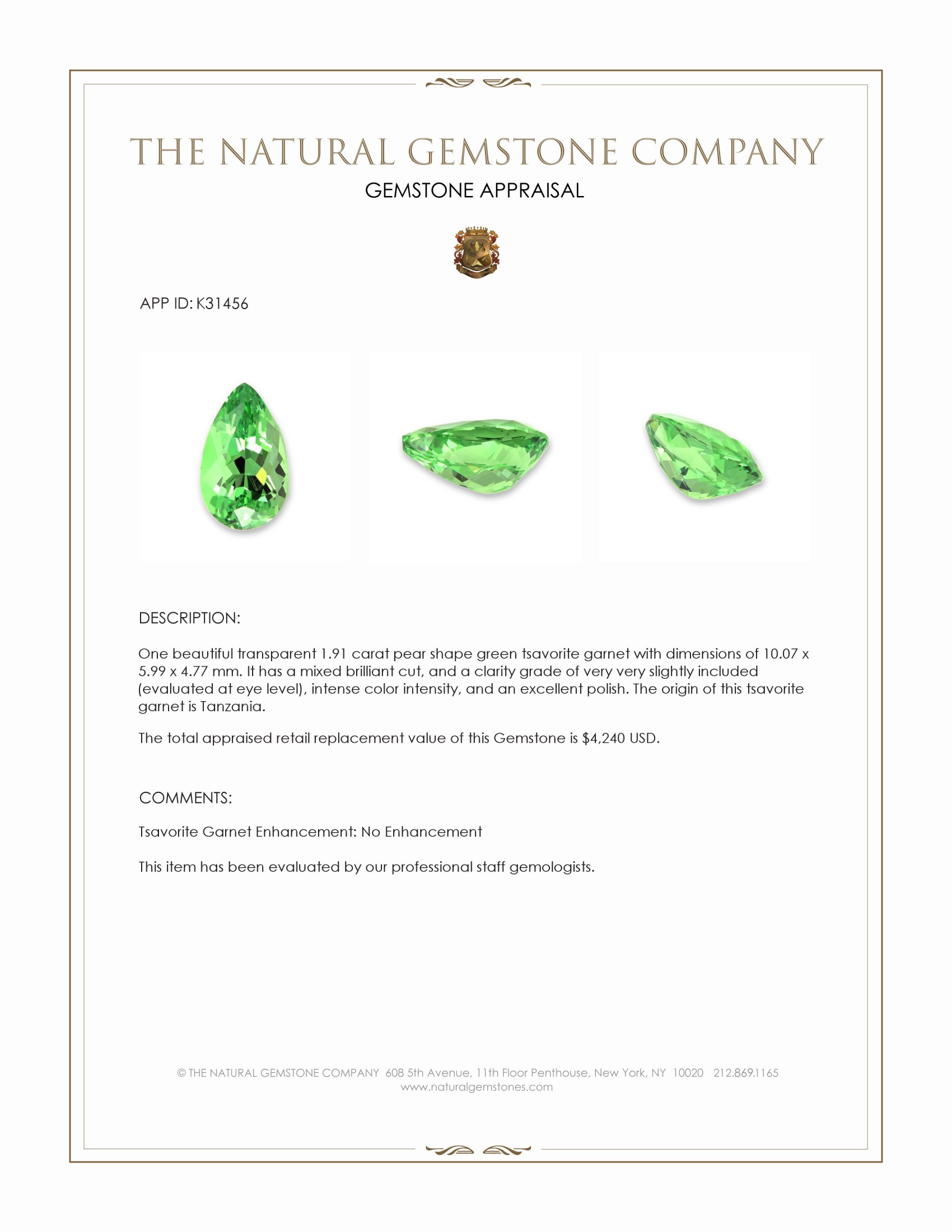 1.91 Ct. Tsavorite Garnet from Tanzania