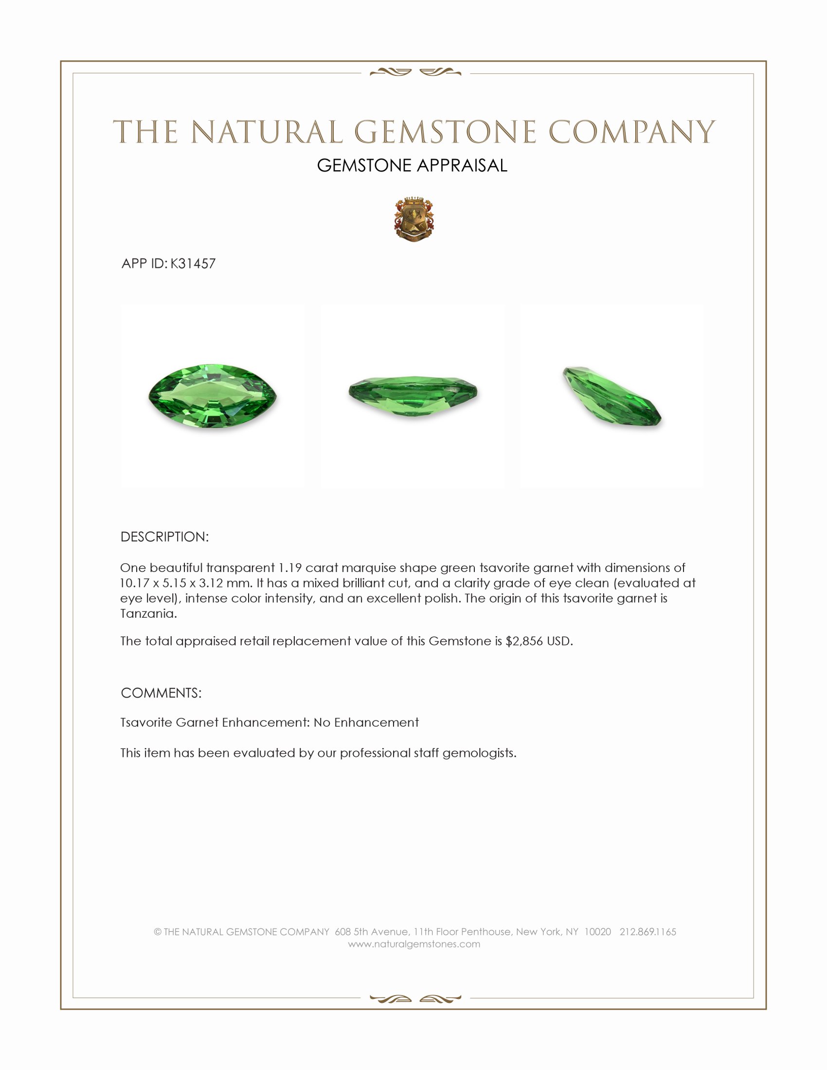 1.19 Ct. Tsavorite Garnet from Tanzania