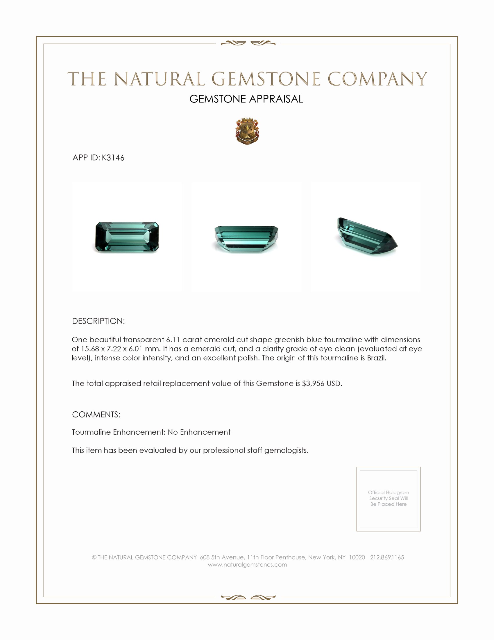 6.11 Ct. Tourmaline from Brazil