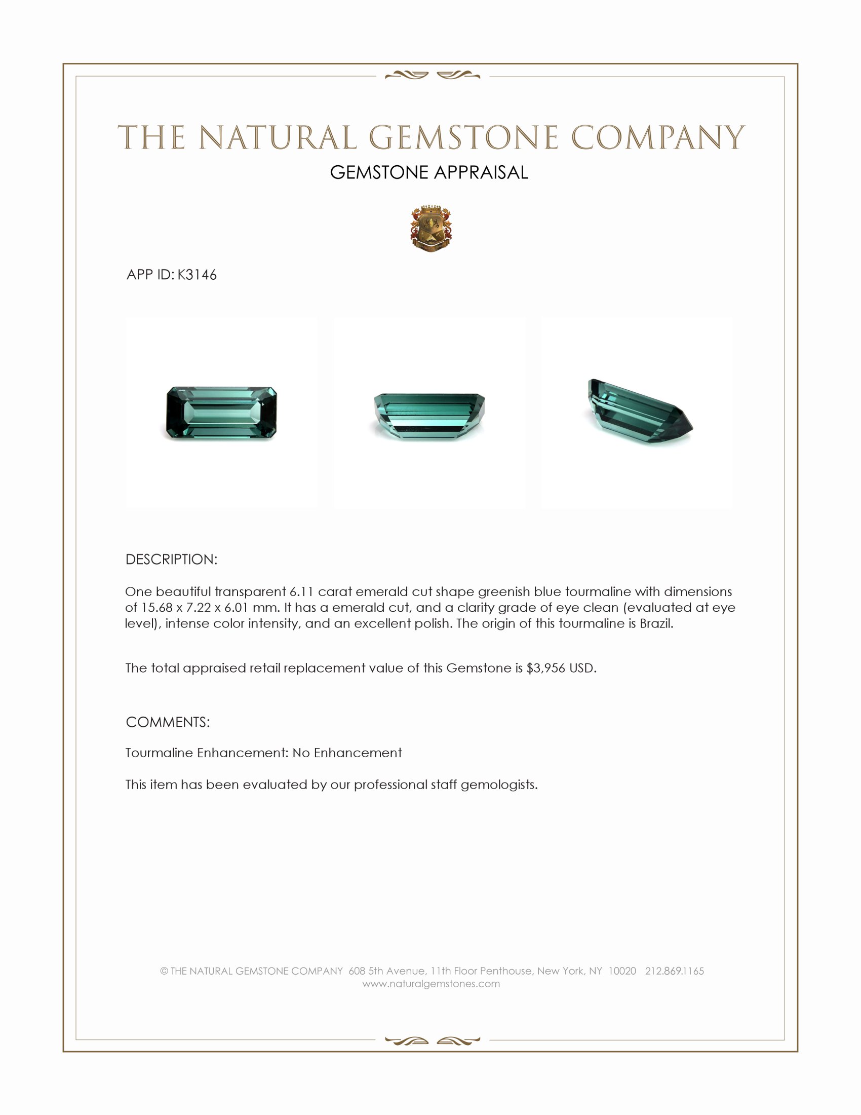 6.11 Ct. Greenish Blue Tourmaline from Brazil