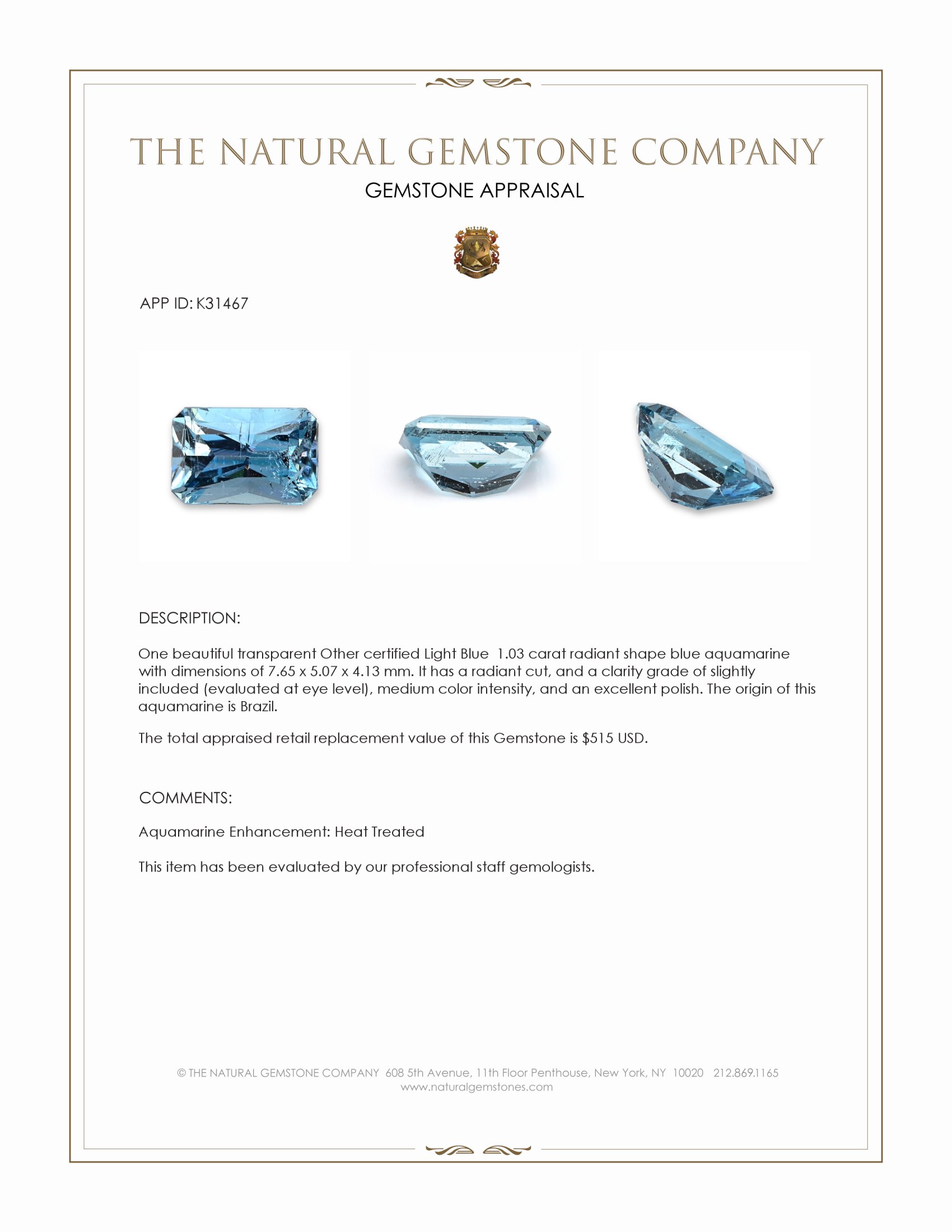 1.03 Ct. Blue Aquamarine from Brazil