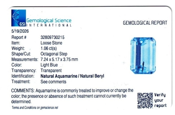 1.06 Ct. Blue Aquamarine from Brazil