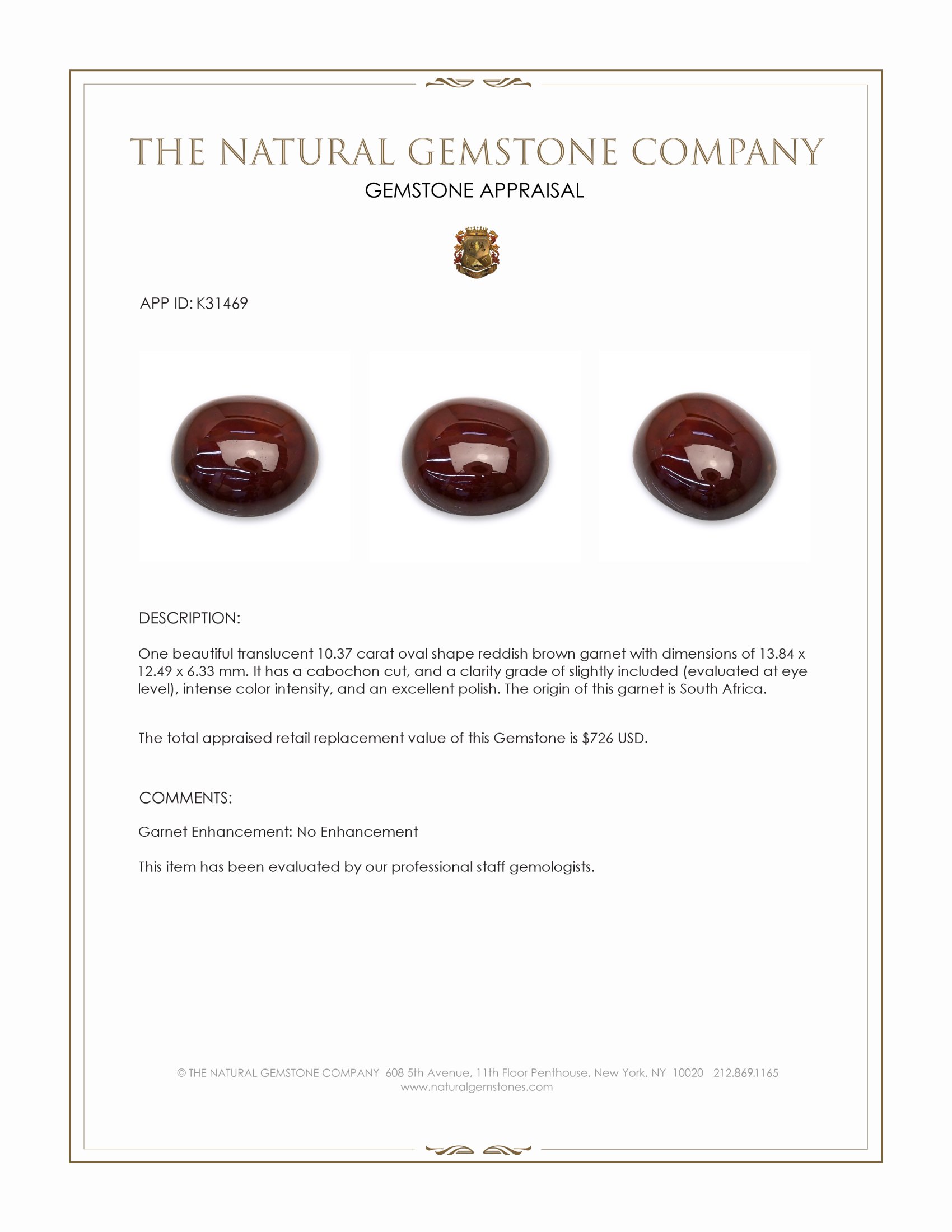 10.37 Ct. Reddish Brown Cabochon Garnet from South Africa