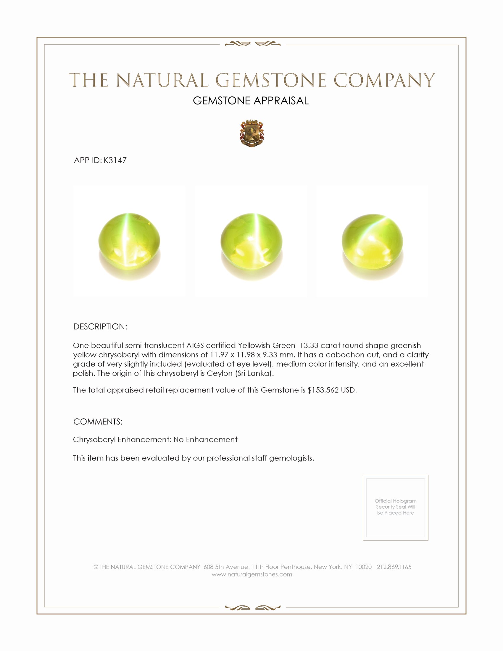 13.33 Ct. Cabochon Chrysoberyl from Ceylon (Sri Lanka)