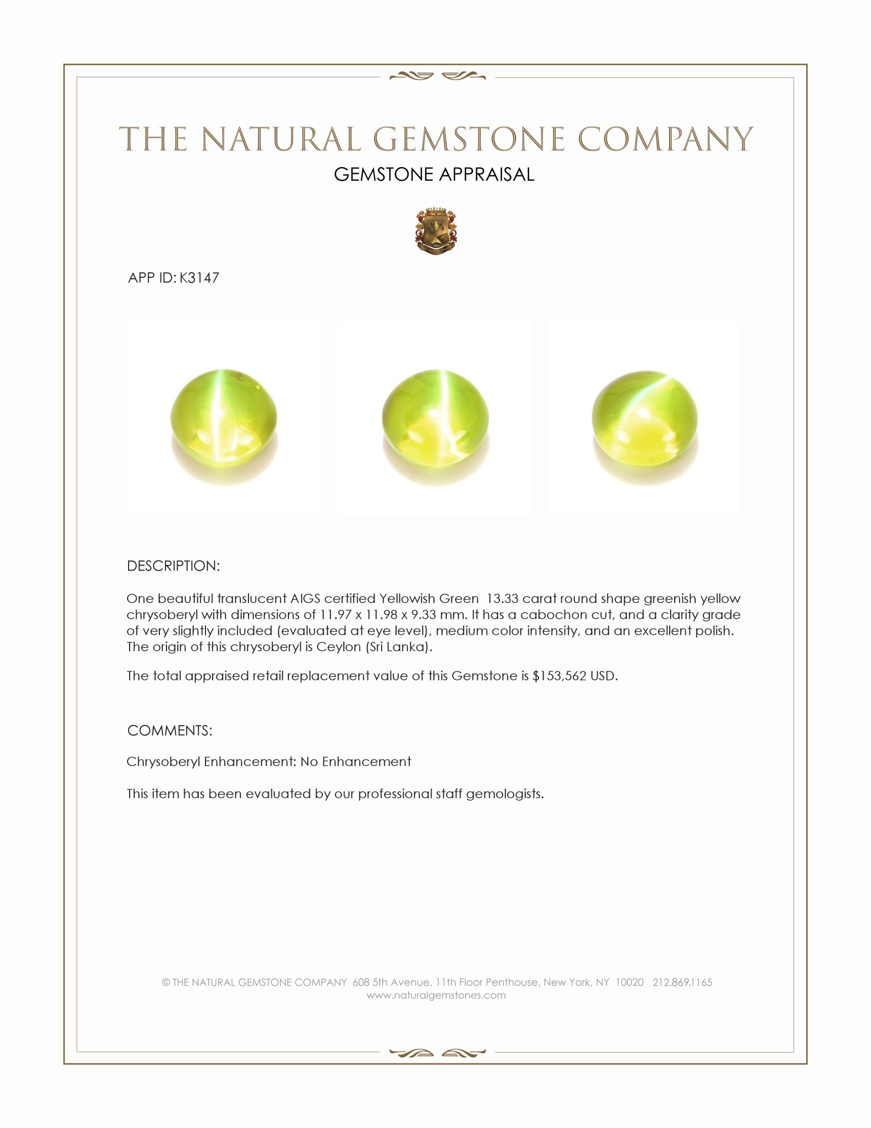 13.33 Ct. Cabochon Chrysoberyl from Ceylon (Sri Lanka)