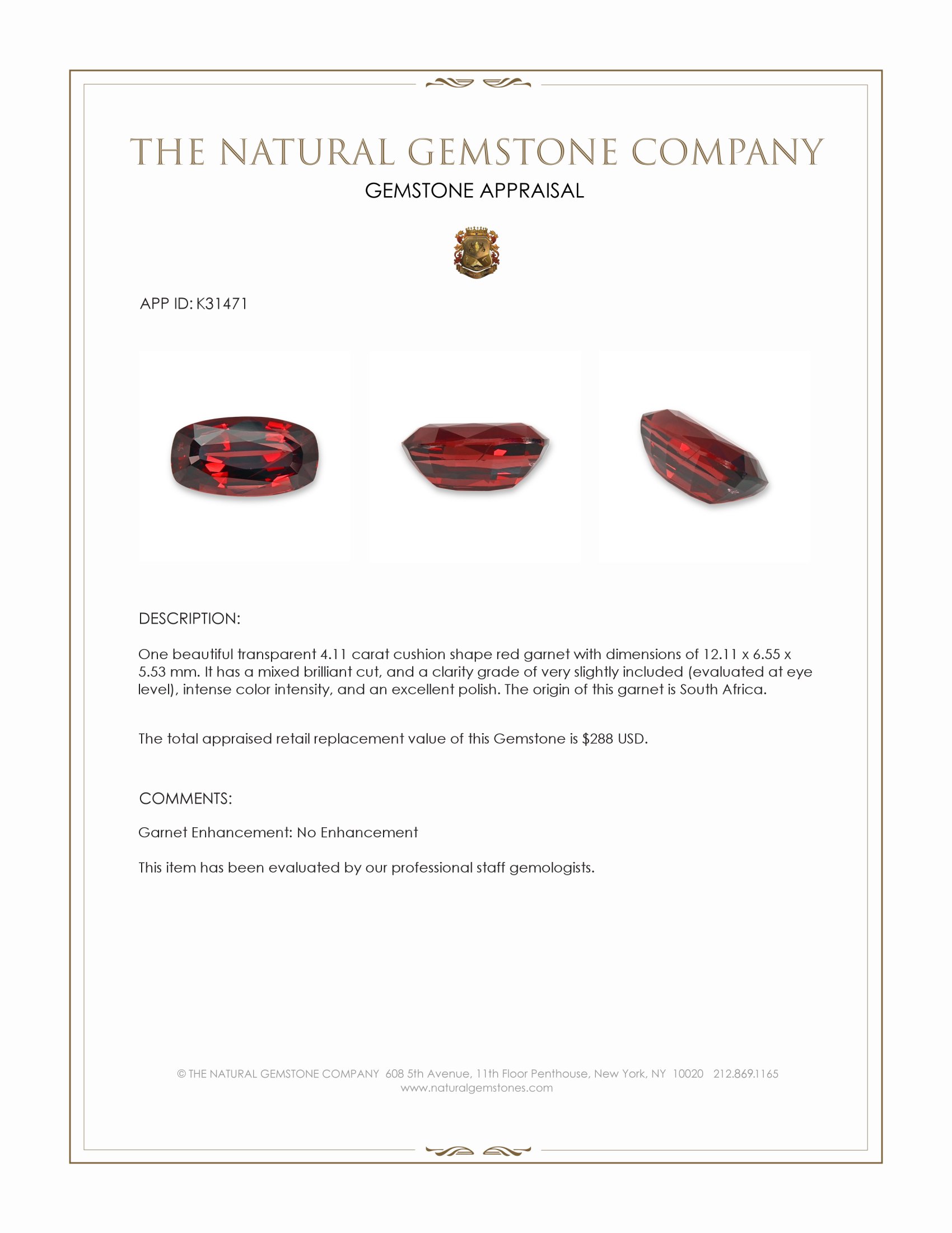 4.11 Ct. Red Garnet from South Africa