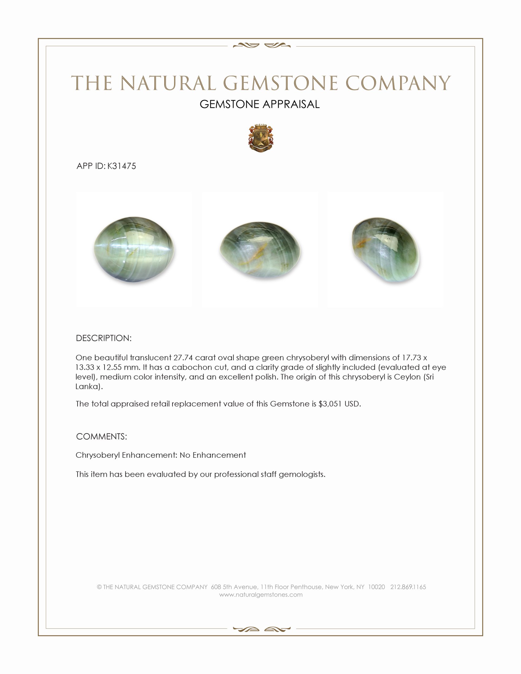 27.74 Ct. Green Cabochon Chrysoberyl from Ceylon (Sri Lanka)