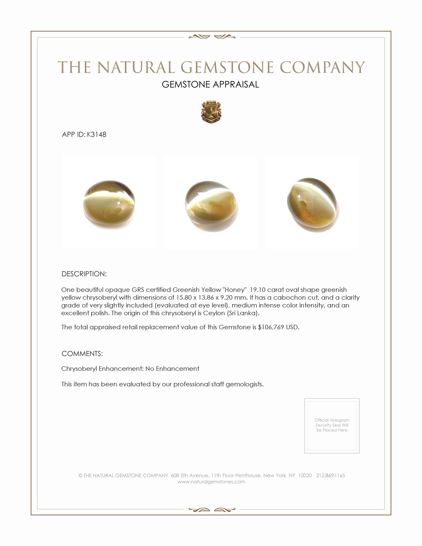 19.10 Ct. Cabochon Chrysoberyl from Ceylon (Sri Lanka)