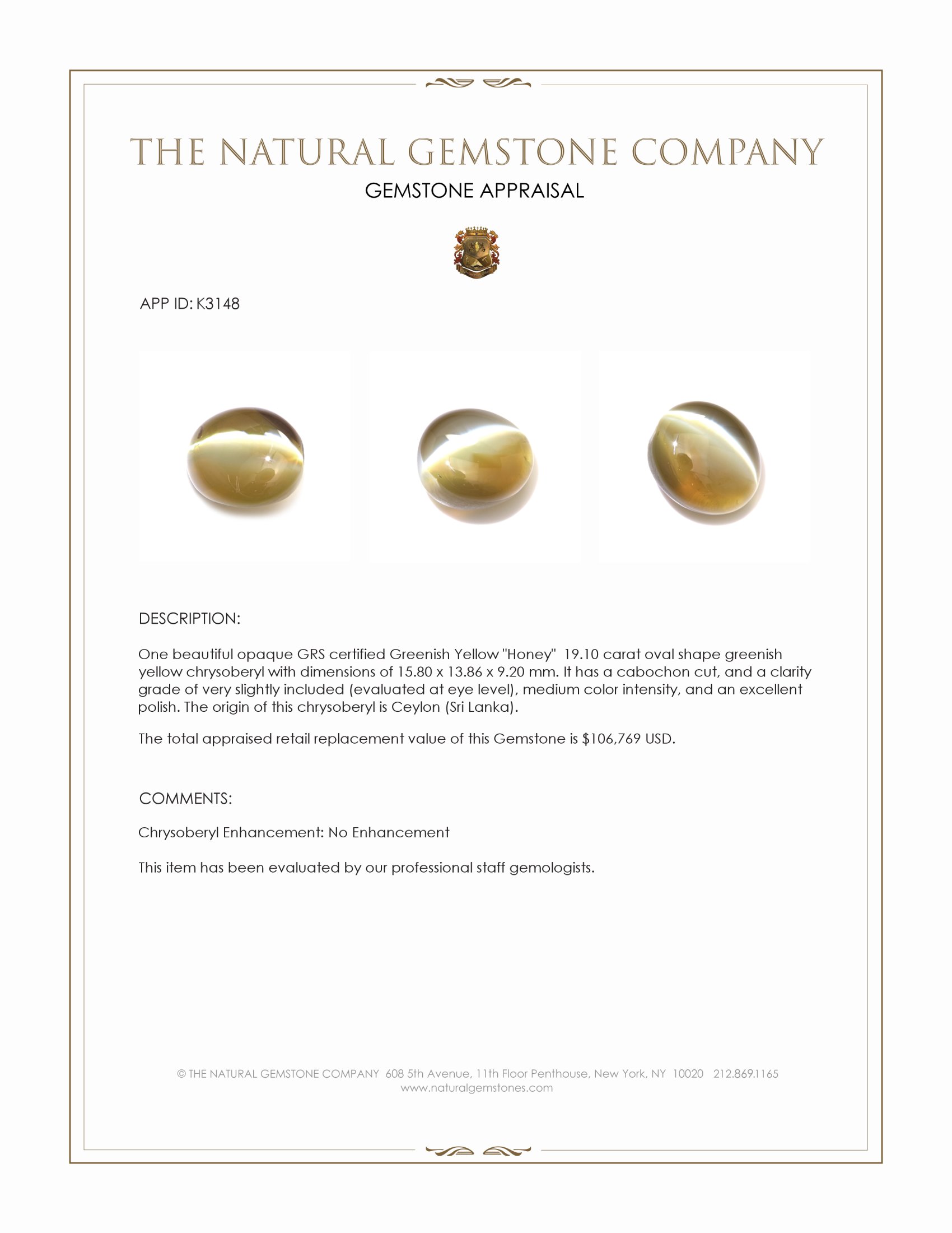 19.10 Ct. Cabochon Chrysoberyl from Ceylon (Sri Lanka)