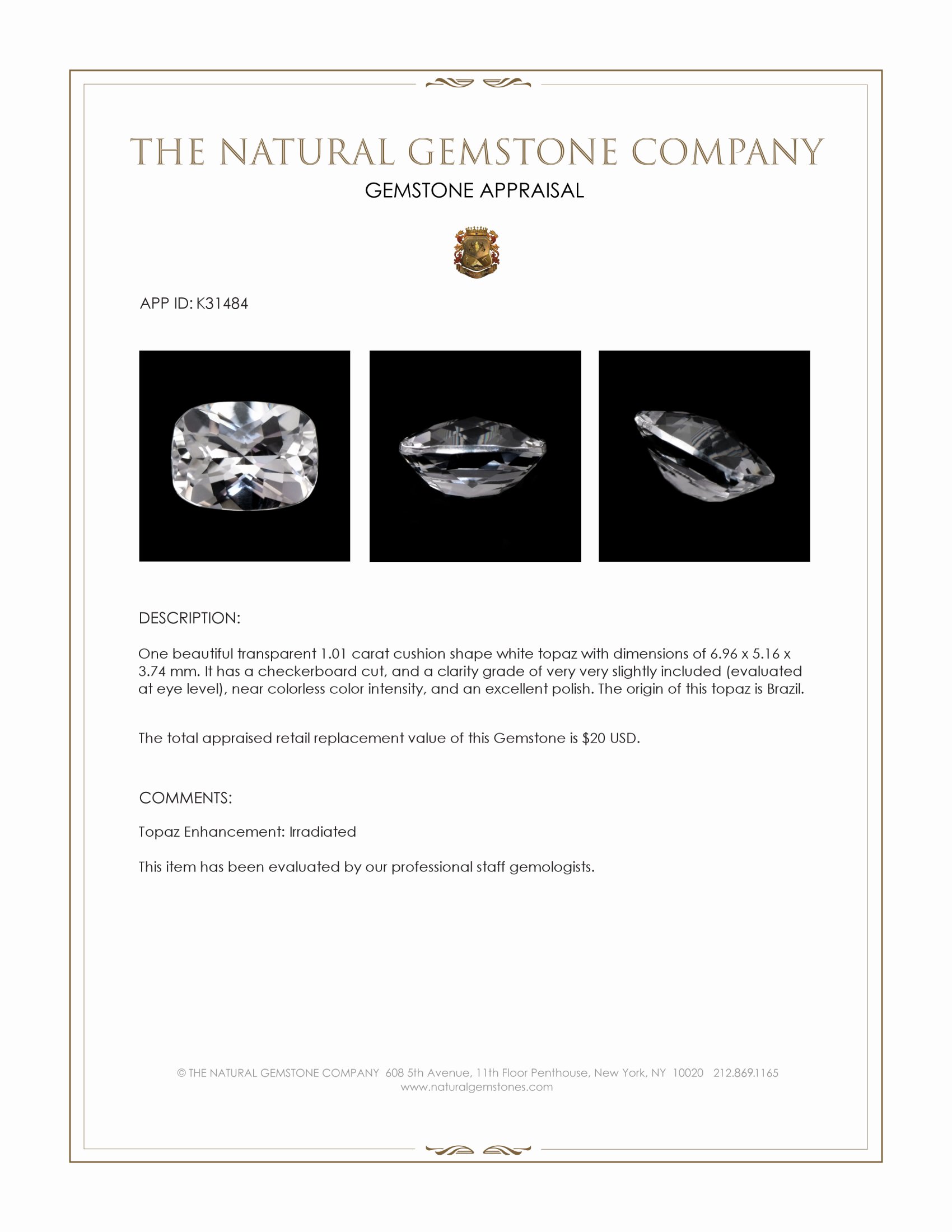 1.01 Ct. White Topaz from Brazil