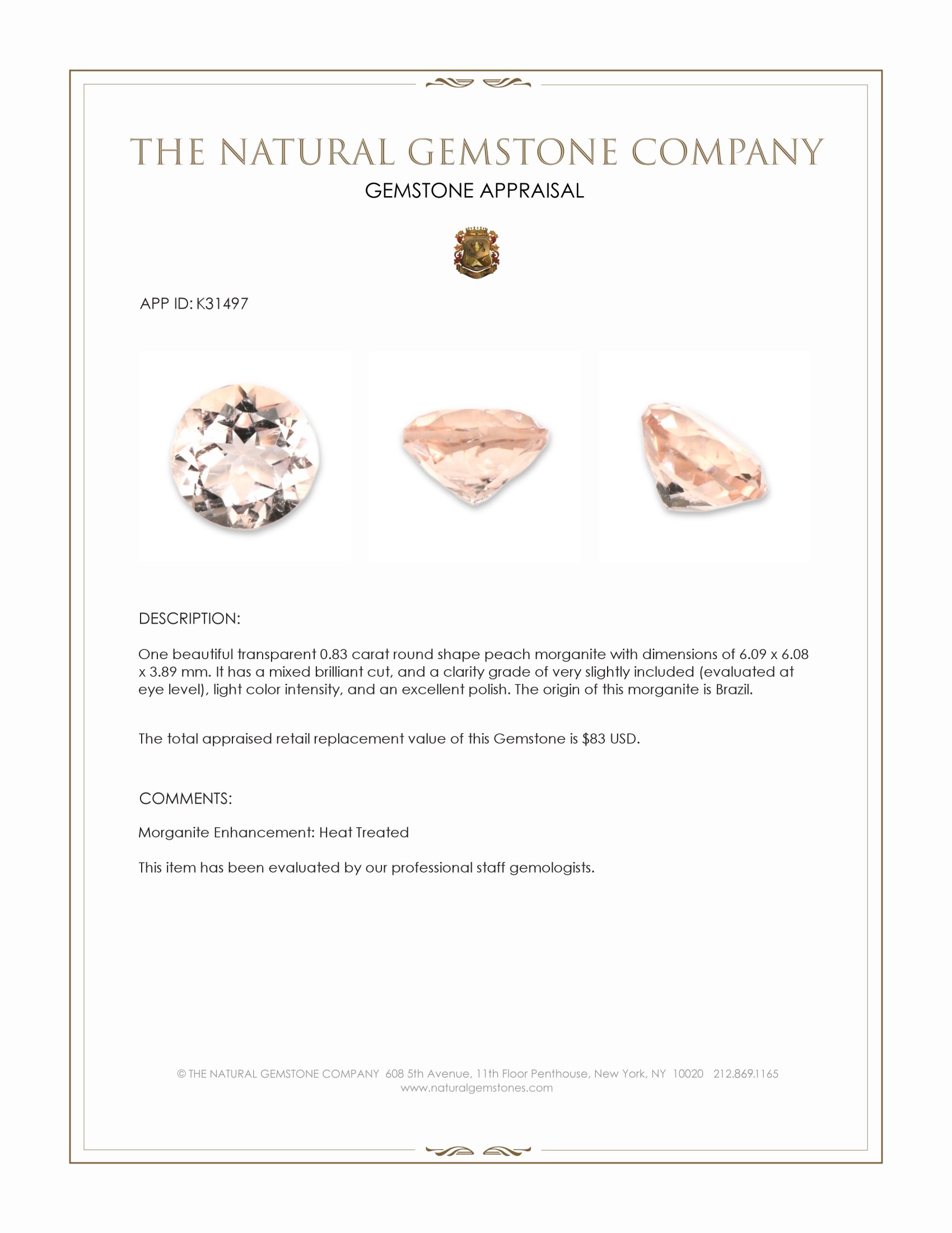 0.83 Ct. Peach Morganite from Brazil