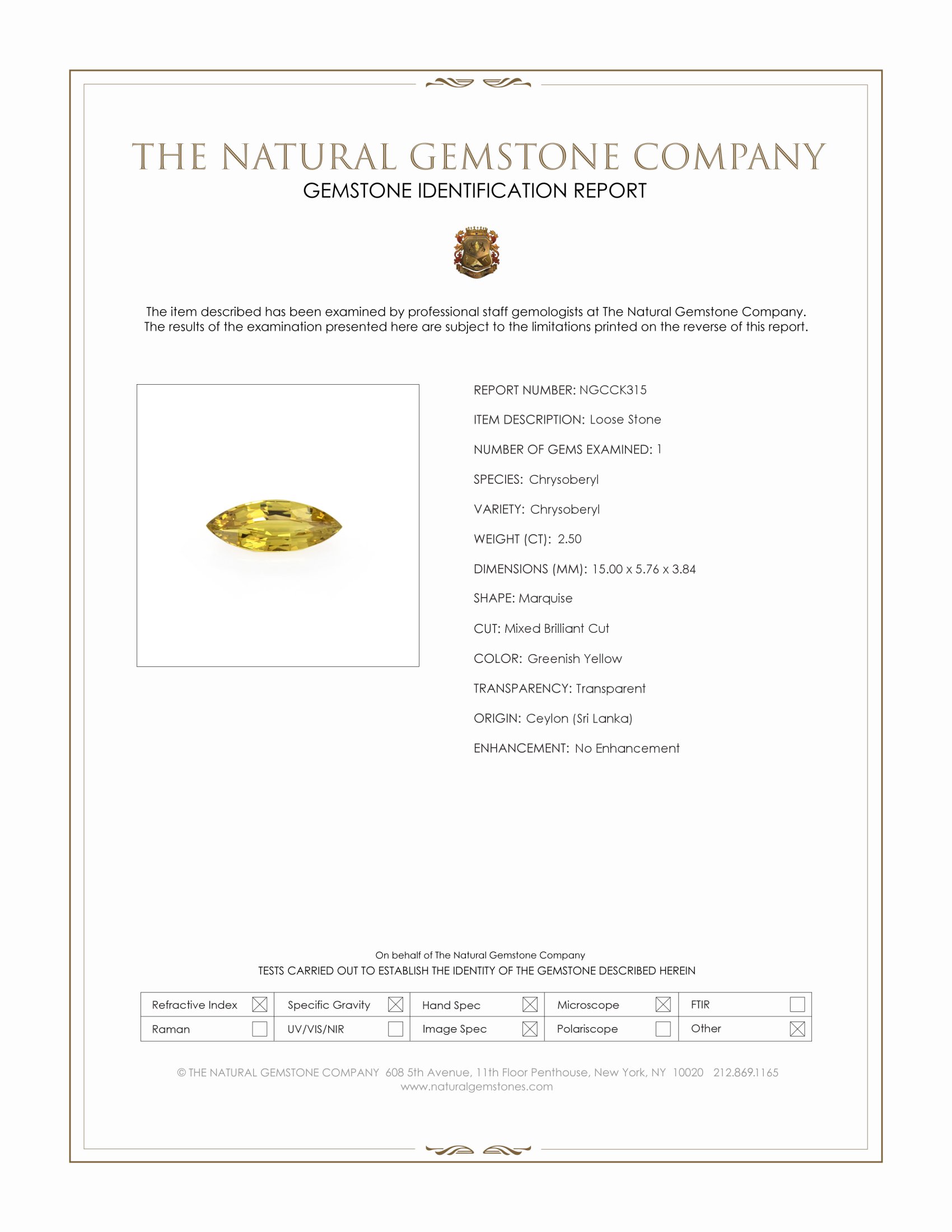 2.50 Ct. Greenish Yellow Chrysoberyl from Ceylon (Sri Lanka)