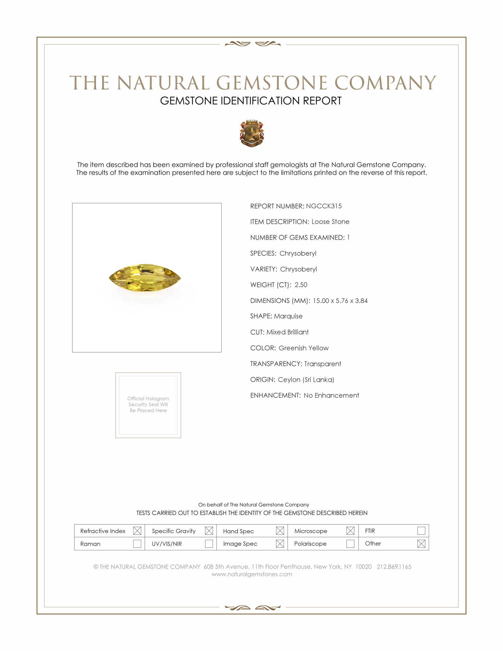 2.50 Ct. Greenish Yellow Chrysoberyl from Ceylon (Sri Lanka)