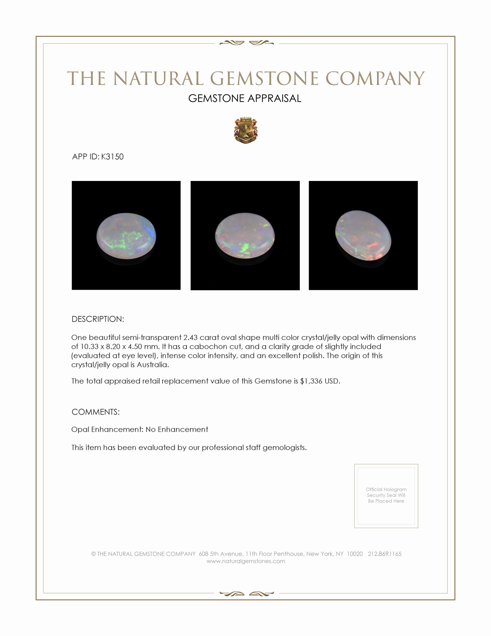 2.43 Ct. Cabochon Crystal/Jelly Opal from Australia