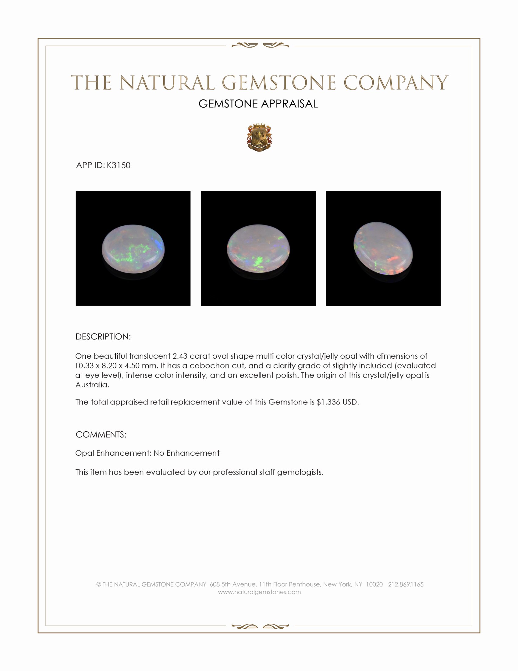 2.43 Ct. Cabochon Crystal/Jelly Opal from Australia