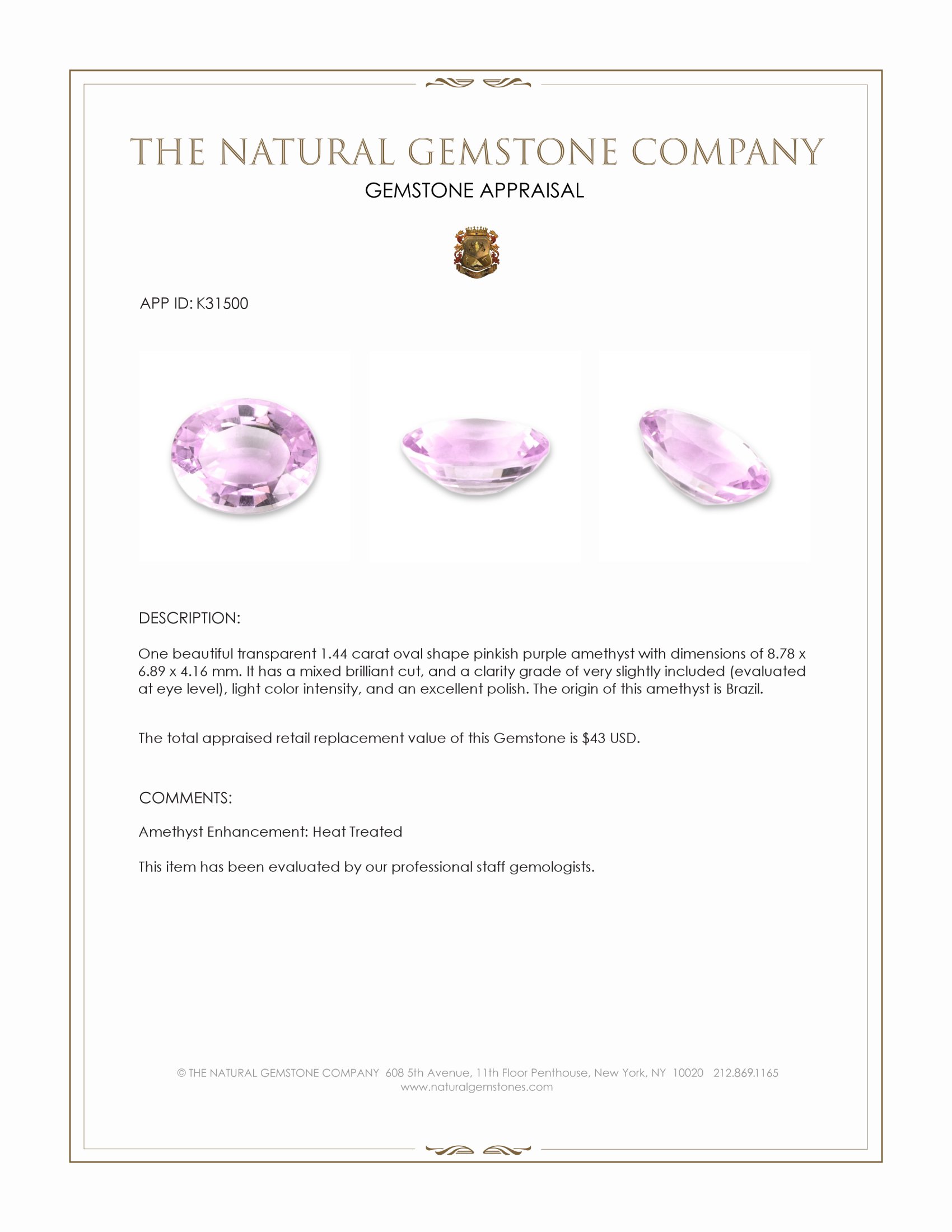 1.44 Ct. Pinkish Purple Amethyst from Brazil
