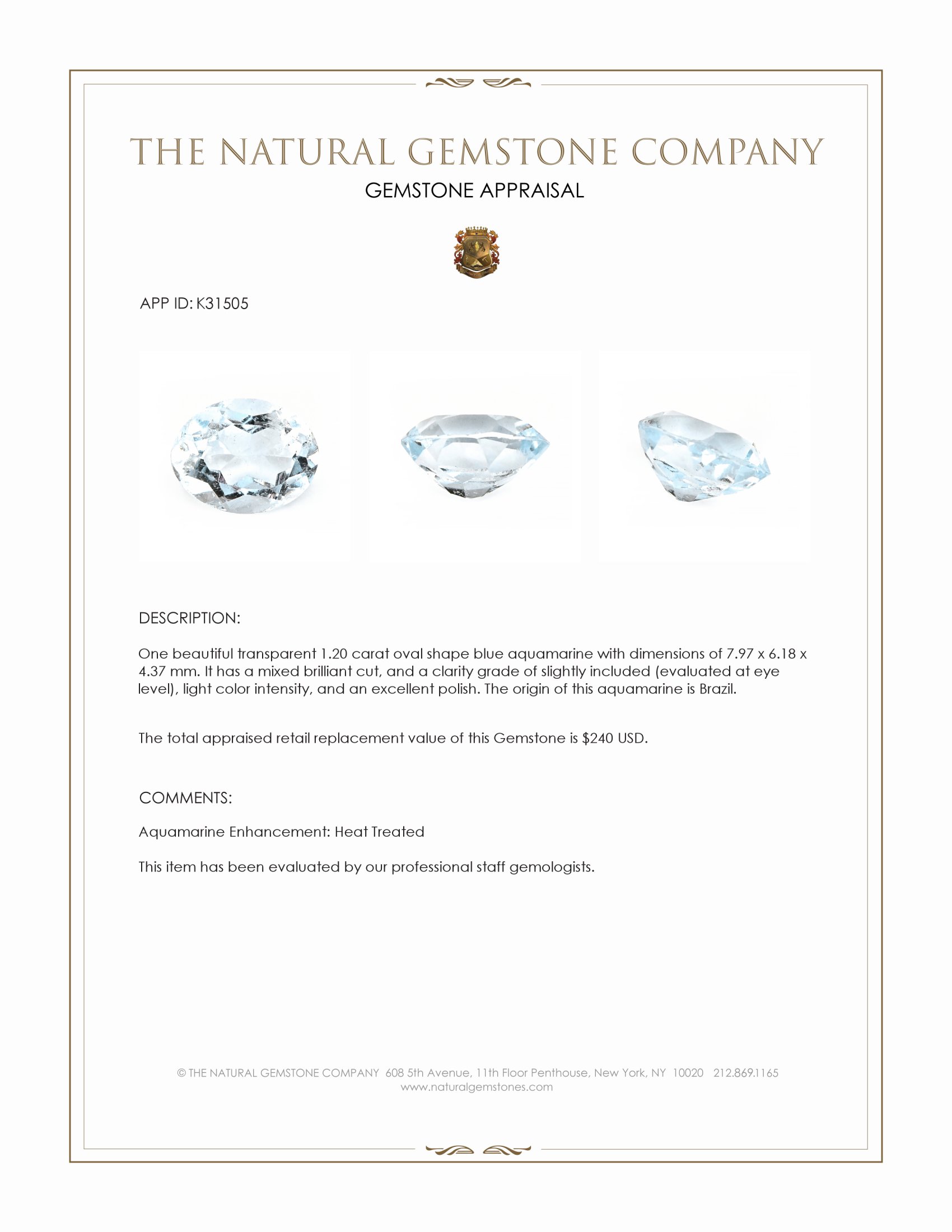 1.20 Ct. Blue Aquamarine from Brazil