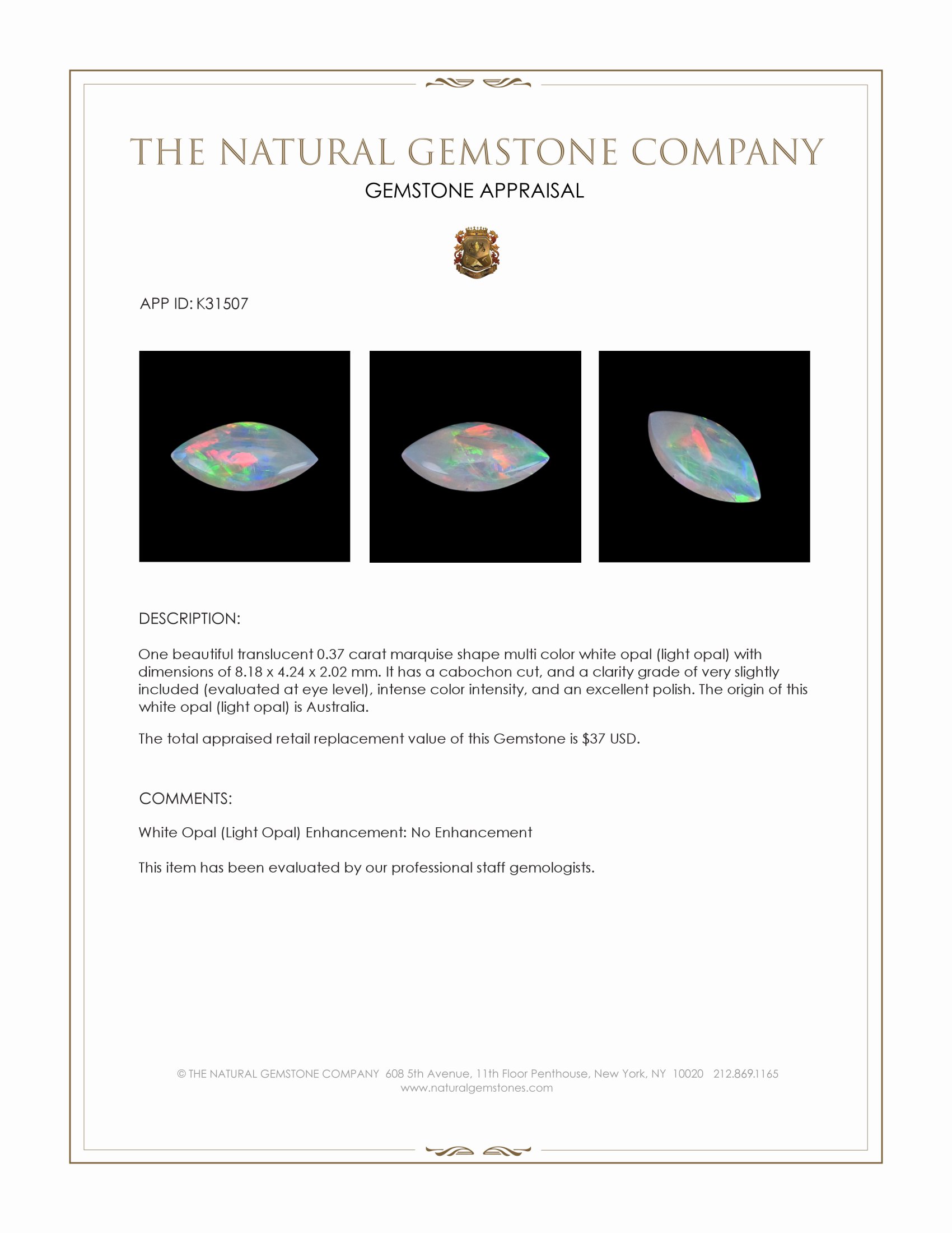 0.37 Ct. Multi Color Cabochon White Opal (Light Opal) from Australia